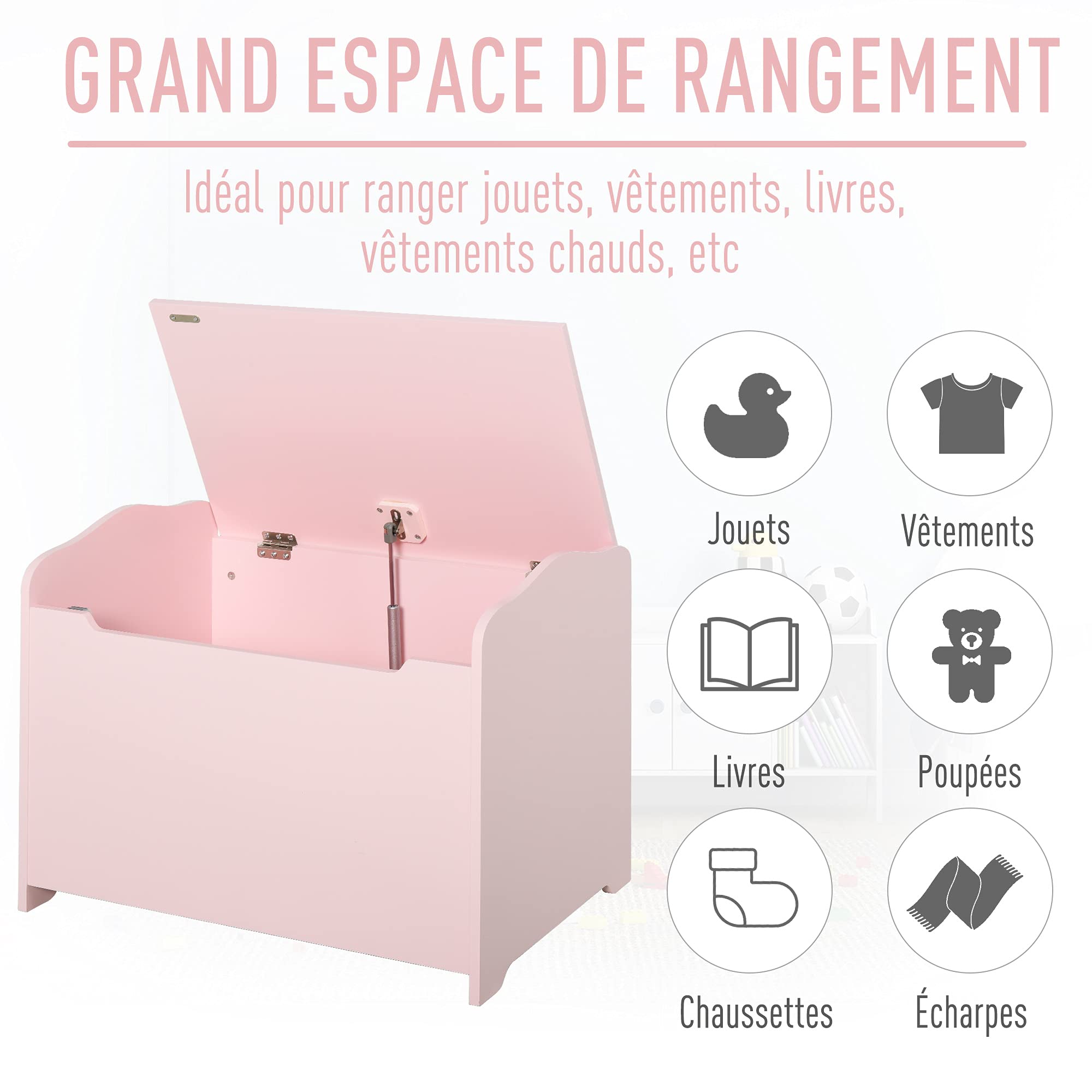 HOMCOM Coffres à Jouets pour Enfants Boîte à Jouets 60L x 40l x 48H cm Rose
