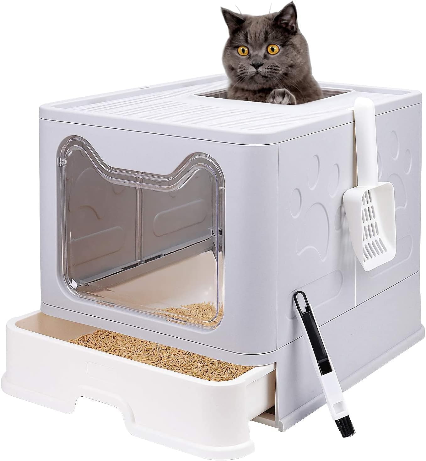 Two-Way Foldable Drawer-Type Cat Litter Box - Space-Saving and Stylish Grey Design 51x41x38cm