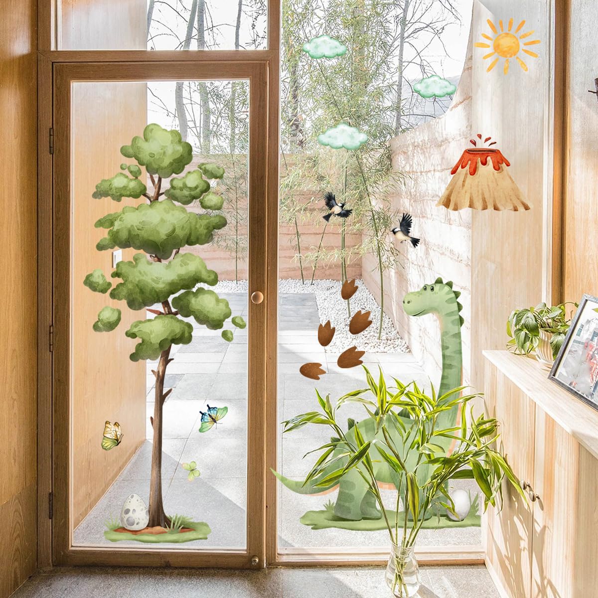 WandSticker4U - Fensterbilder DINOSAURIER Kinder selbstklebend (80x70 cm) I Fenstersticker Kinder Dino mit Baum, Volkan & Sonne wiederverwendbar I Fensterdeko Kinderzimmer Junge Dino Frühling