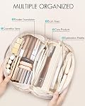 Vlando Large Capacity Travel Makeup Bag - Makeup Bag Travel Toiletry Bag for Women, PU Leather Waterproof Cosmetic Bag, Beige