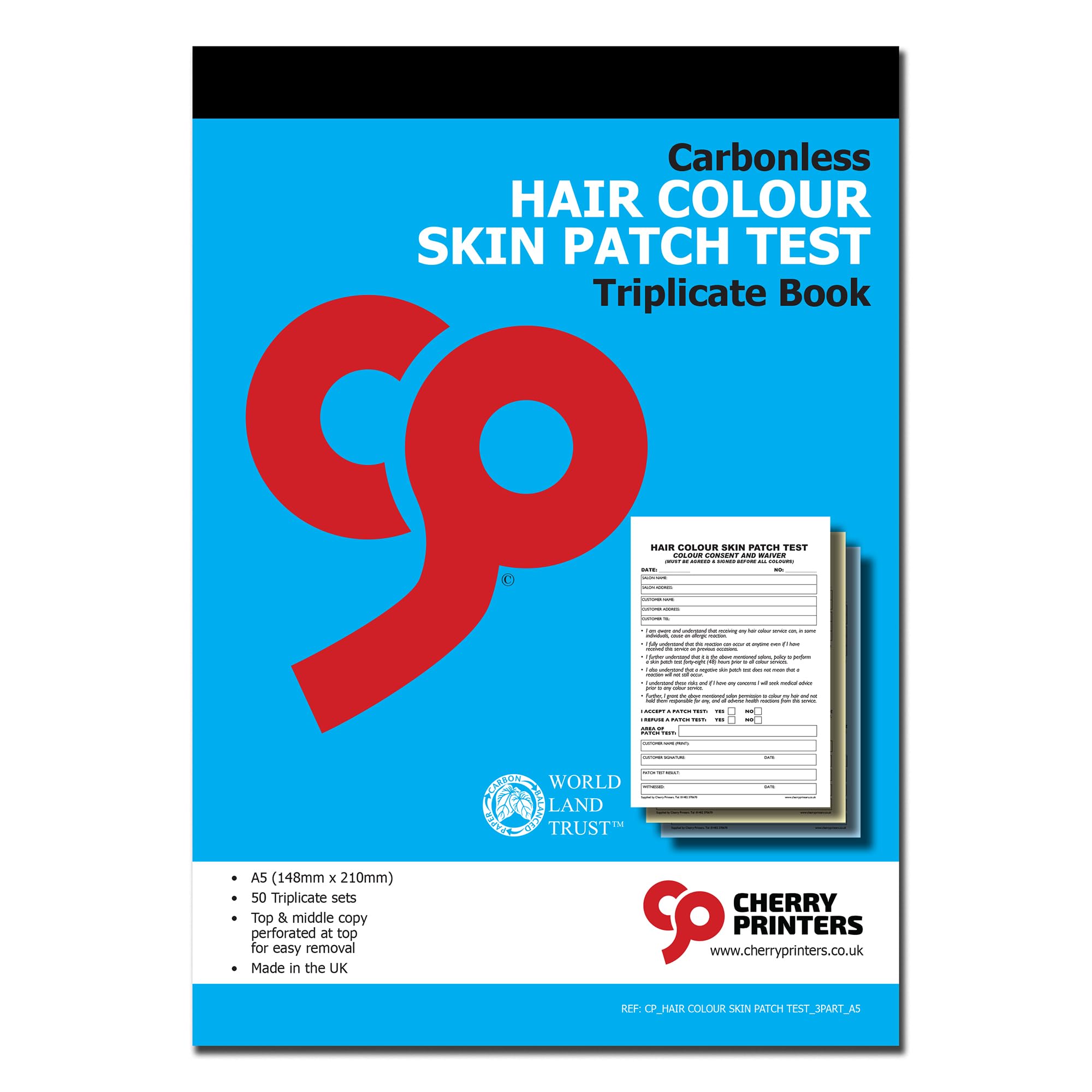 Cherry Printers Carbonless Hair Colour Skin Patch Test Triplicate Book A5 | 50 Salon Patch Test Consent Forms | Colour Service Allergy Test Records | Perforated Top Copies | Made in UK