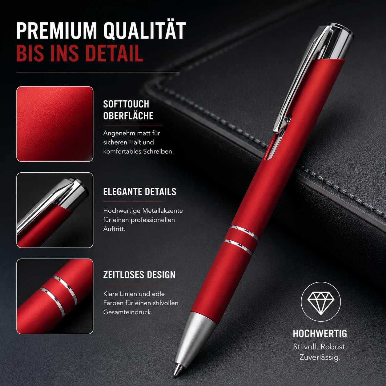 WPRO 250x -Kugelschreiber aus Metall Cami Soft rot – rutschfeste Softtouch-Oberfläche, langlebige schwarze Jumbo-Mine, Premium Werbestift in Farben nach Wahl – ideal als Give-away oder Bürobedarf
