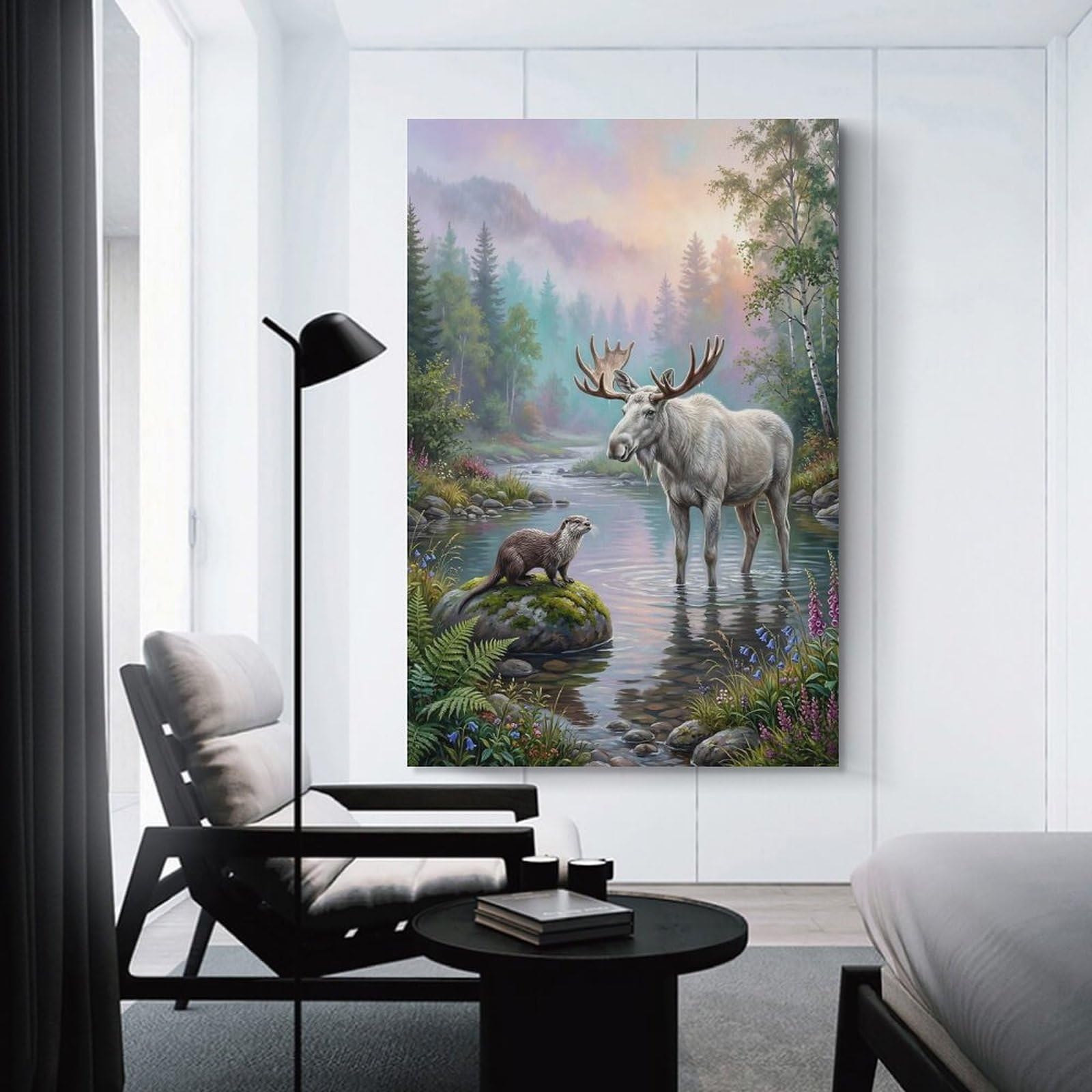 Junmoney Moose And Otter in A Forest Stream Wall Art Print 16x24inch(40x60cm), for Living Room, Bedroom Or Home Office, Thoughtful Wall Decor for Art Lovers