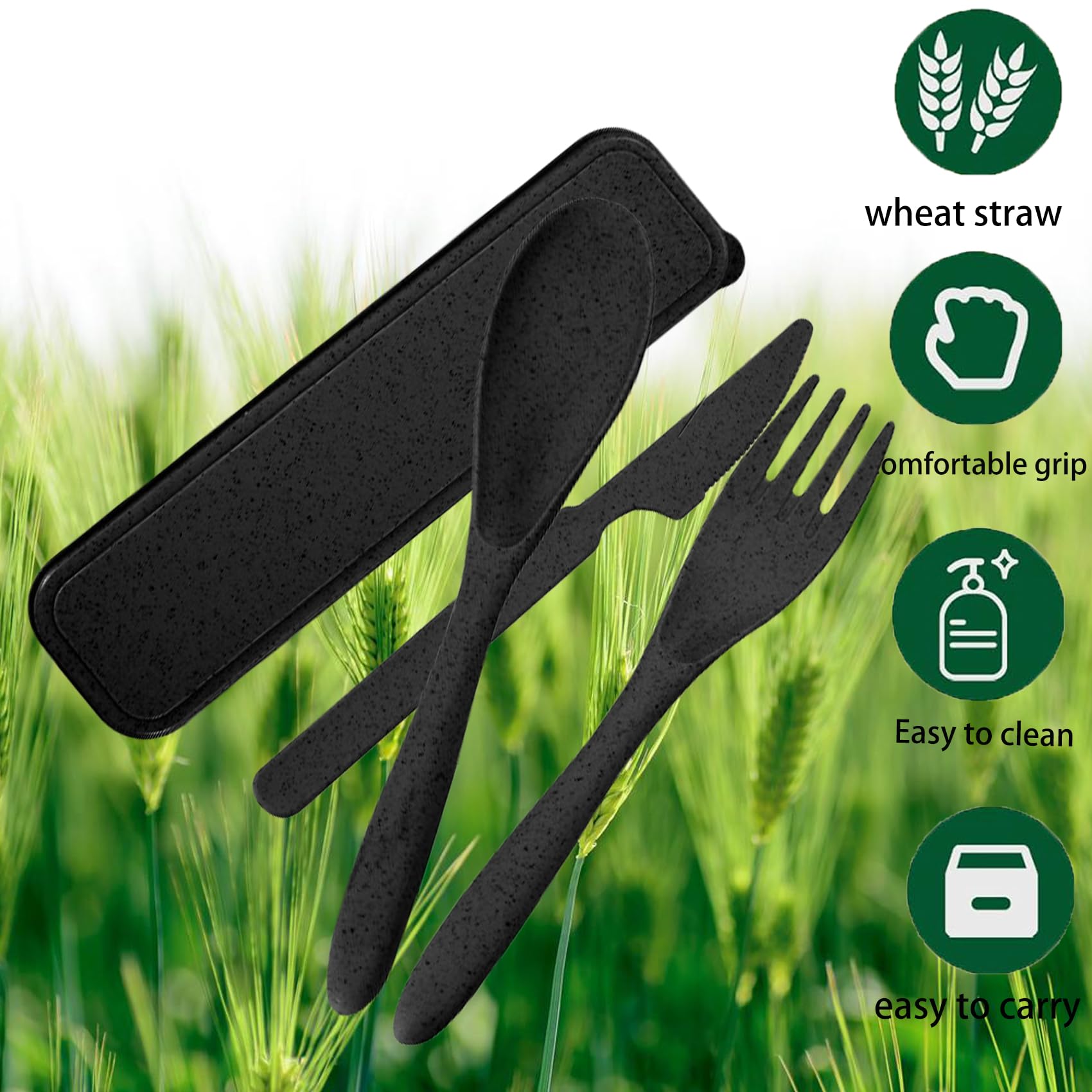 Reusable Travel Utensils Set with Case, Portable Wheat Straw Cutlery Set, BPA-Free and Eco-friendly Knife Spoon Fork, Travel Utensils for Office, Dorm, and On-the-go (black, 1)