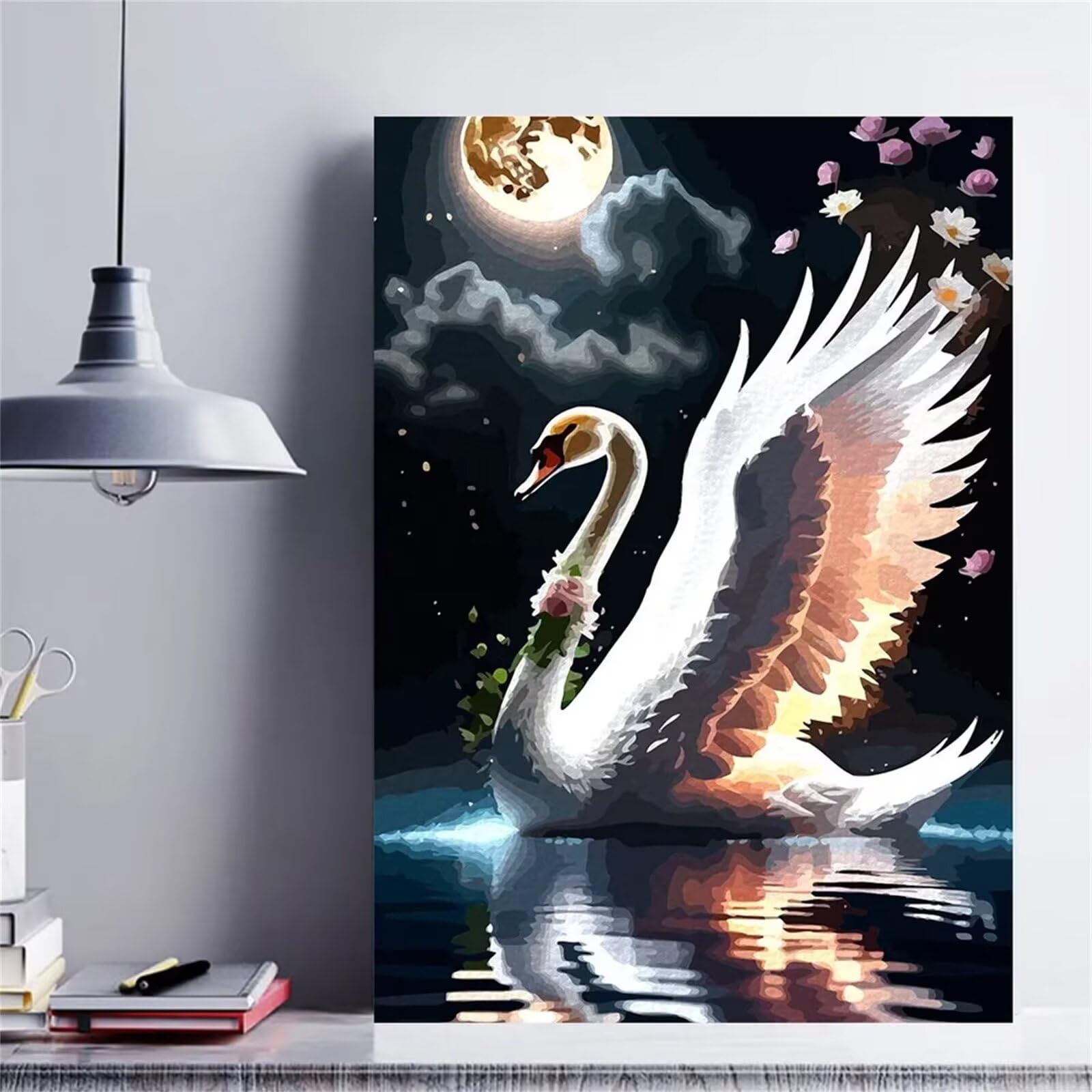 Malen nach Zahlen Erwachsene,Mond Schwanensee Malen Nach Zahlen Set für Kinder Anfänger DIY Digital Ölgemälde Kits auf Leinwand mit Pinseln und Acrylpigment ohne Rahmen für Home Wall Decor 60x75cm