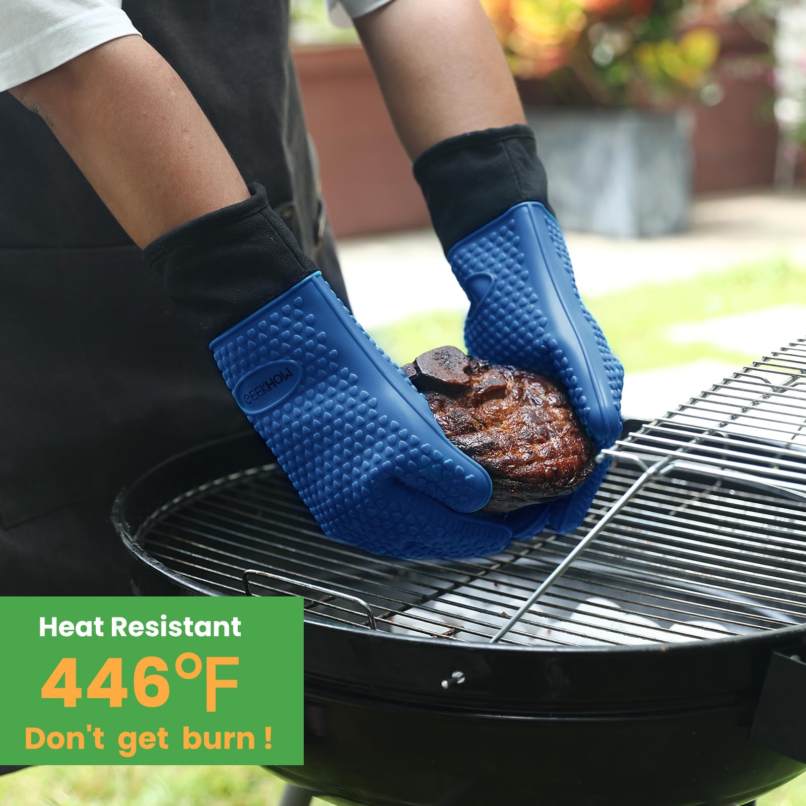 Guantes de Horno y Barbacoa Resistentes al Calor: GEEKHOM Silicona Impermeable - 44 cm Antideslizantes para Parrillas/Horno Profesional/Microondas, Protección Anti-Escaldaduras