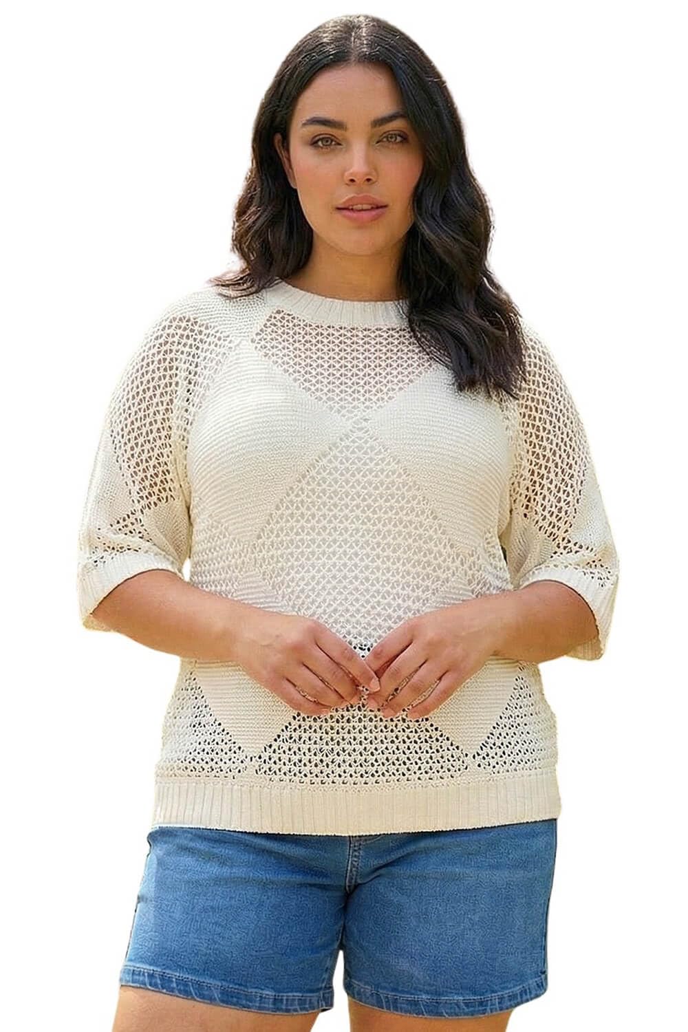 Roman Curve Metallic Diamond Knit Top for Women UK - Ladies Everyday Holiday Spring Summer Round Neckline Comfy Soft Evening Vacation Work Party - Ivory Plus - Size 20