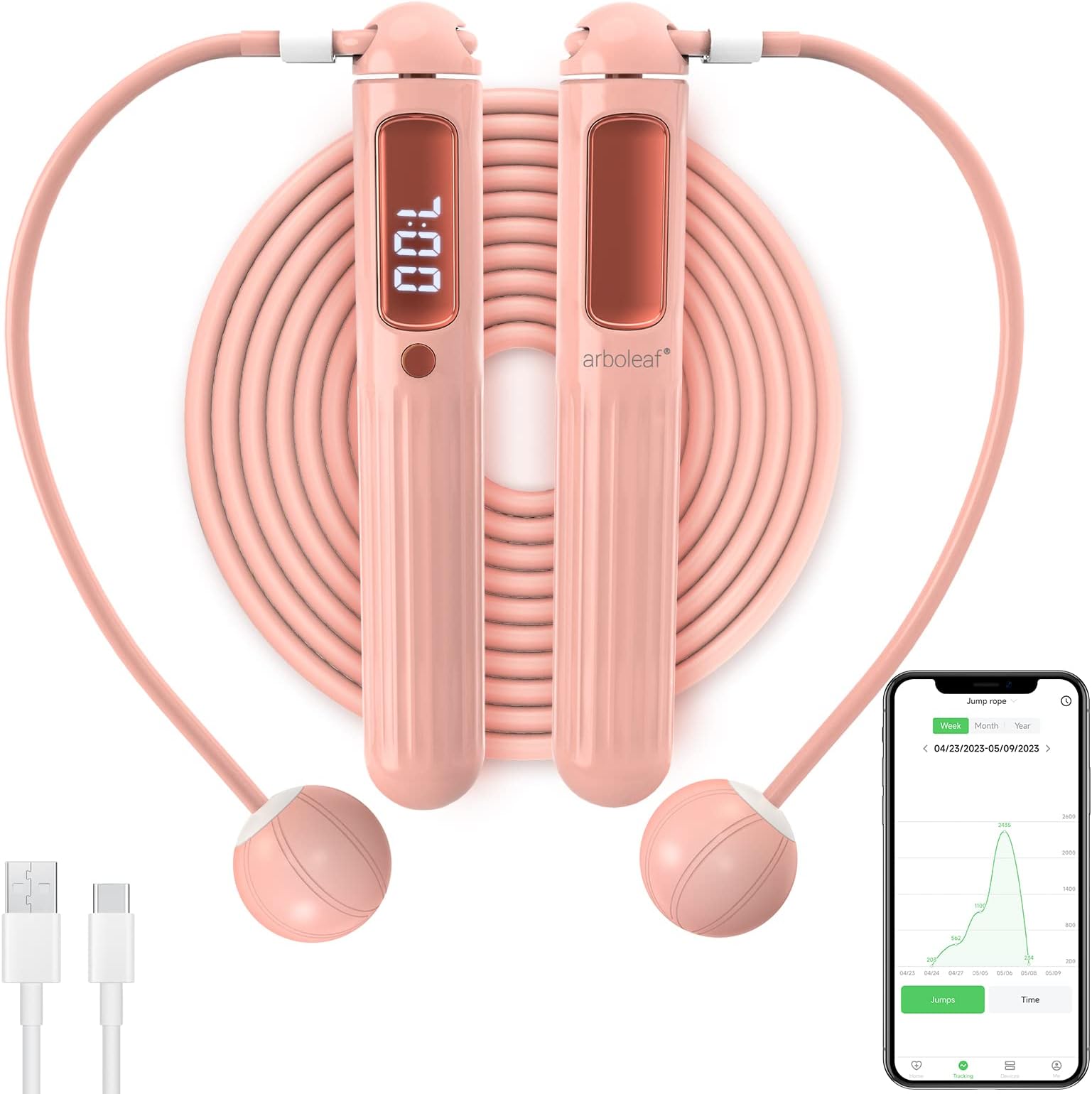 arboleaf Smart Jump Rope, Cordless & Rechargeable Jump Ropes for Fitness with Counter, App Data Analysis Jumping Rope, Adjustable Anti-Tangle PVC Jump Rope for Men, Women, Kids - Indoor/Outdoor