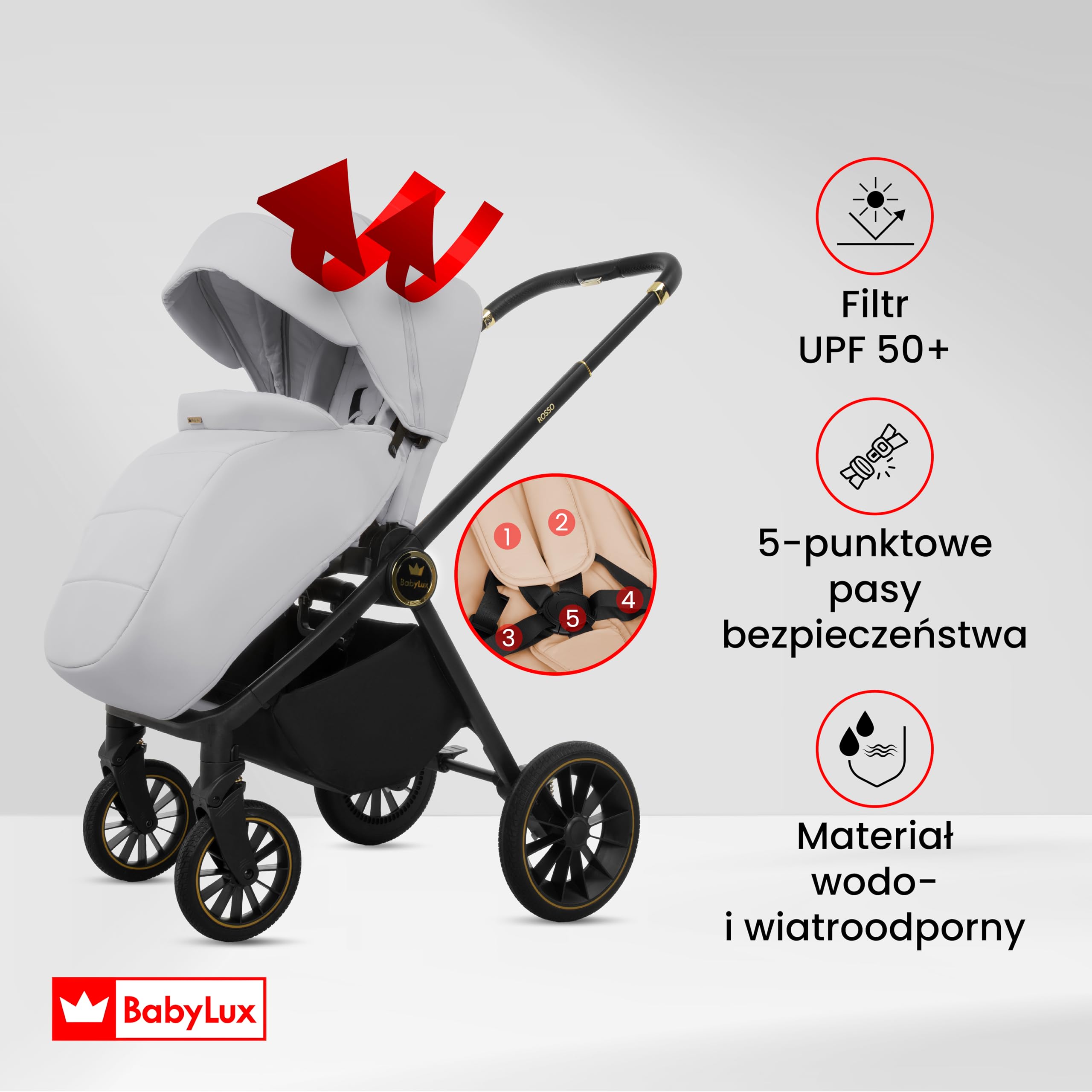 BabyLux Wielofunkcyjny Wózek Dziecięcy 3w1 ROSSO Gondola, Spacerówka, Fotelik Samochodowy z Akcesoriami, Lekki i Kompaktowy, Składana Aluminiowa Konstrukcja Stelaża, Regulowane oparcie, Żelowe Koła