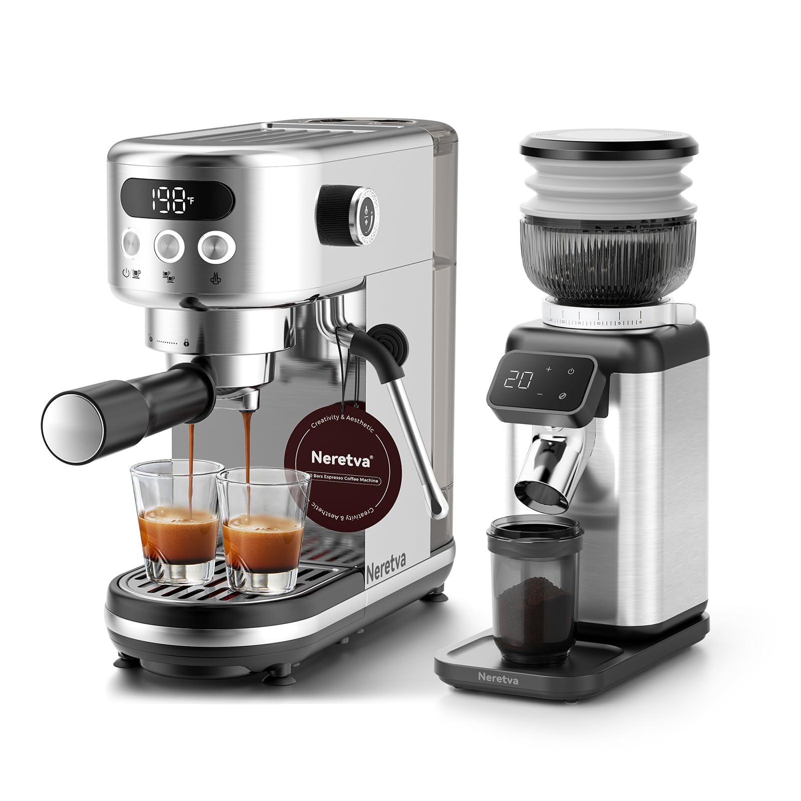 Neretva Siebträgermaschine 20 Bar Klein Edelstahl Professionelle Espressomaschine & Professionelle 40 Präzisionsschleife Kaffeemühle Elektrisch