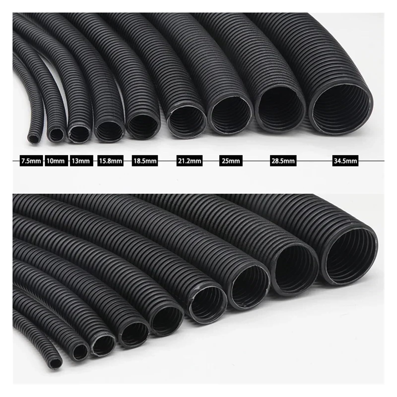 Tubo corrugato for tubo ondulato isolato in PP nero da 7,5 mm-34,5 mm Tubo corrugato in plastica for auto Cavo resistente al calore Manicotto protettivo(AD21.2xID17mm open,10 Meters)