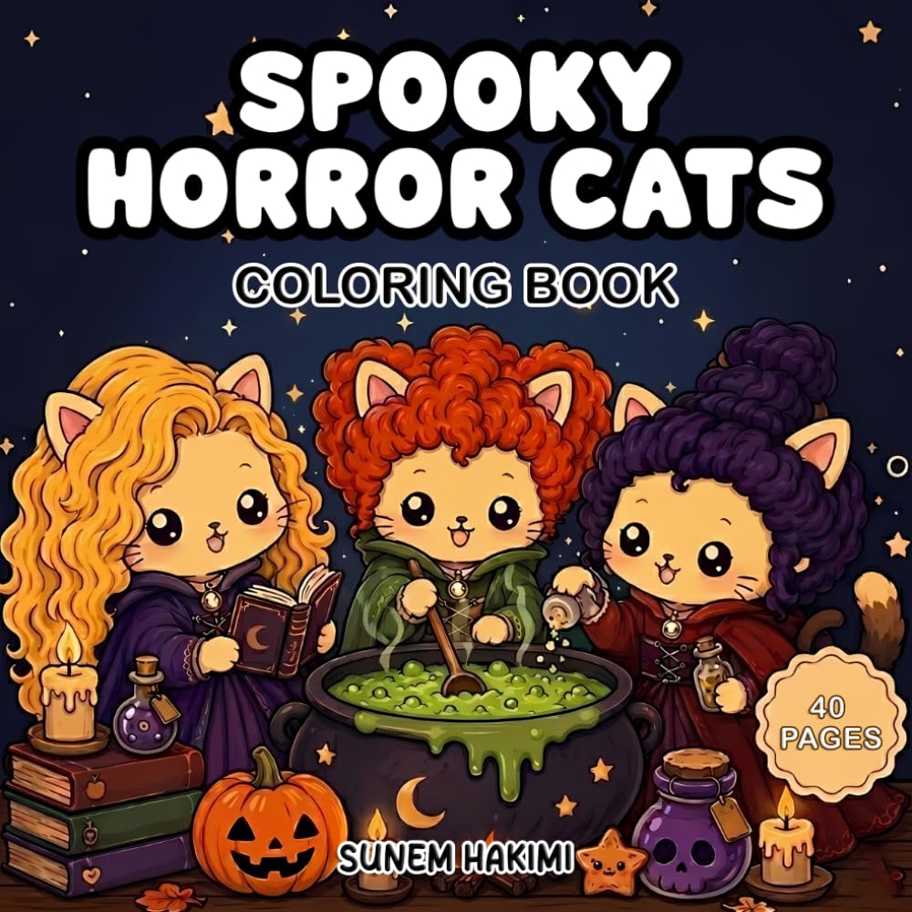 Spooky Horror Cats Coloring Book: 40 Cute and Cozy Halloween Cat Adventures for Relaxation and Fun