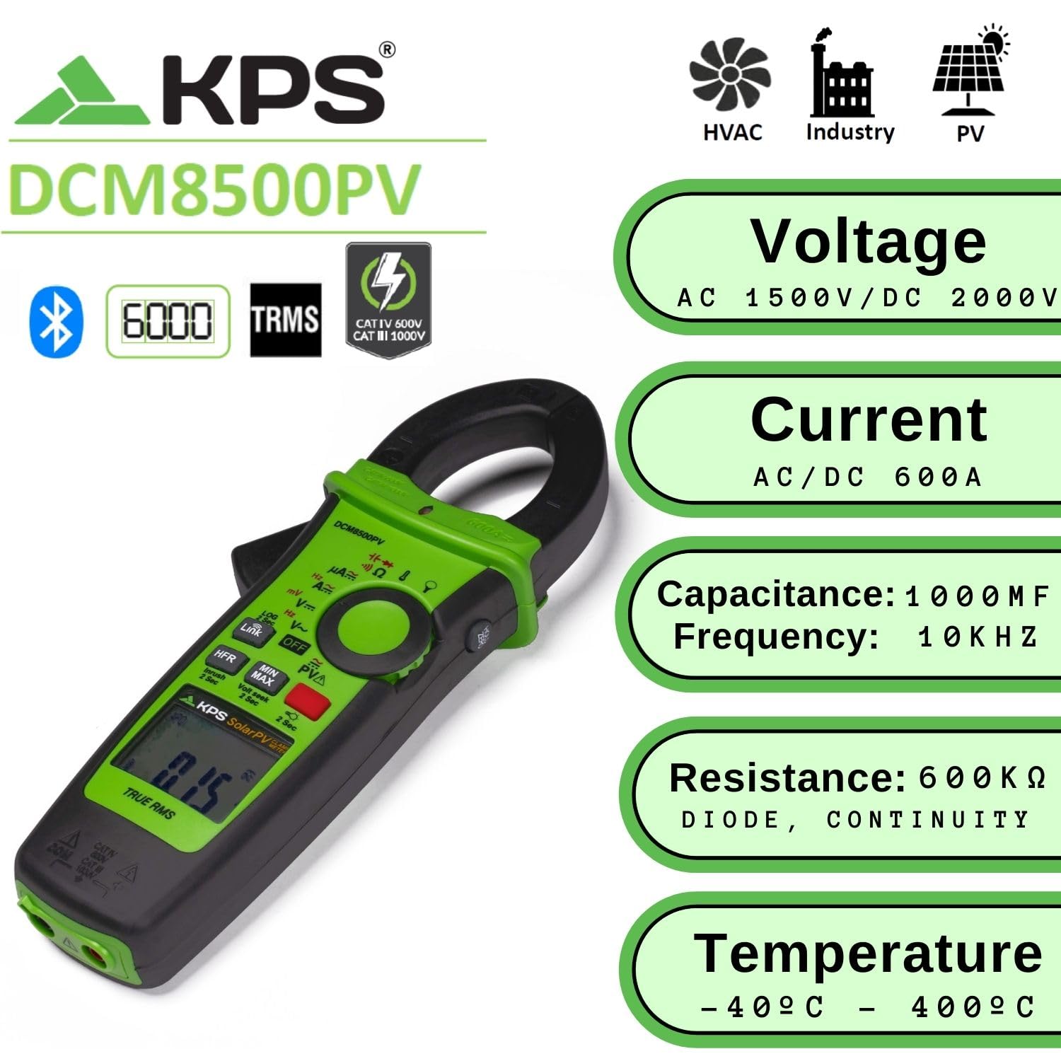 Pinza Amperometrica TRMS con Bluetooth KPS-DCM8500PV 1500VAC 2000VDC 600A 4000µA DC Solari
