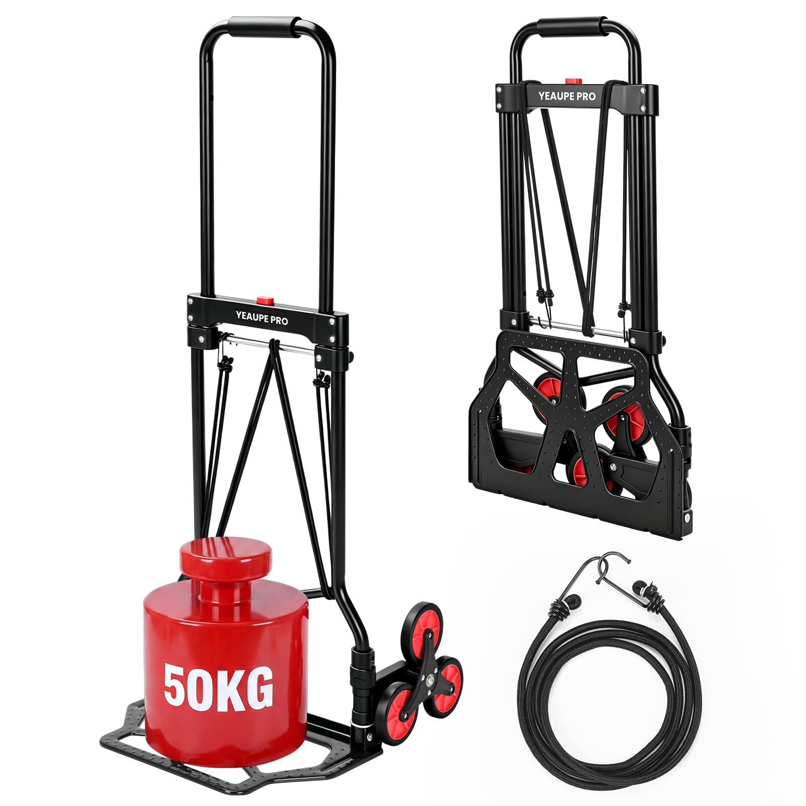 YEAUPE PRO Faltbare Treppensackkarre Höhenverstellbar 50 kg Schwarz | TPR-Rollen, 2 elastische Spanngurte und verstellbarer Griff für Treppen, Umzug, Garten und Transport von Gegenständen
