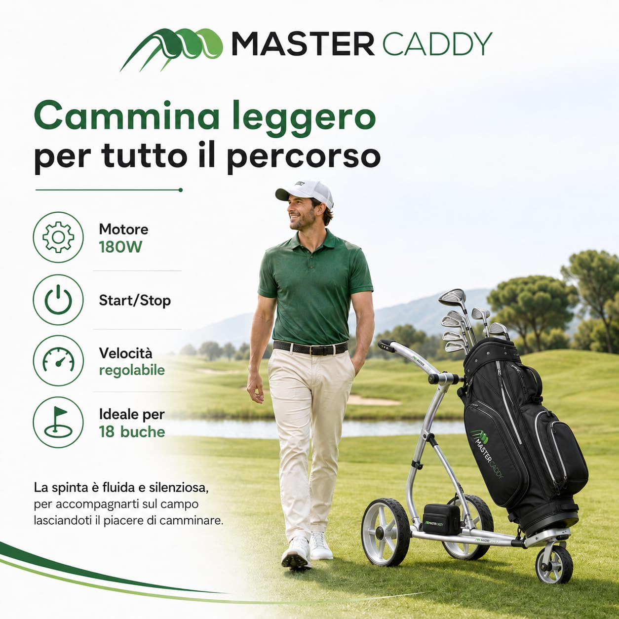 MasterCaddy – Chariot de golf électrique Basic en alliage d'aluminium Lithium, couleur argent, avec batterie au lithium