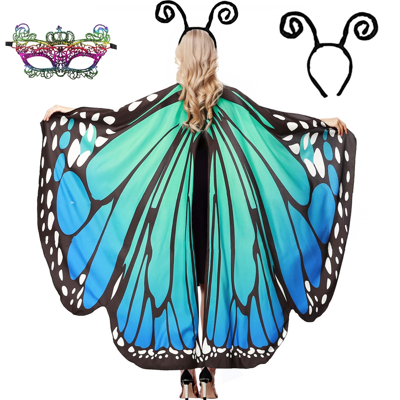 TATAFUN 3 Piezas Disfraz Mariposa Mujer, Disfraz de Mariposa para Mujer, Capa de Mariposa con Máscara Diadema, Chal de Mariposa Adulto para Carnaval Halloween Cosplay