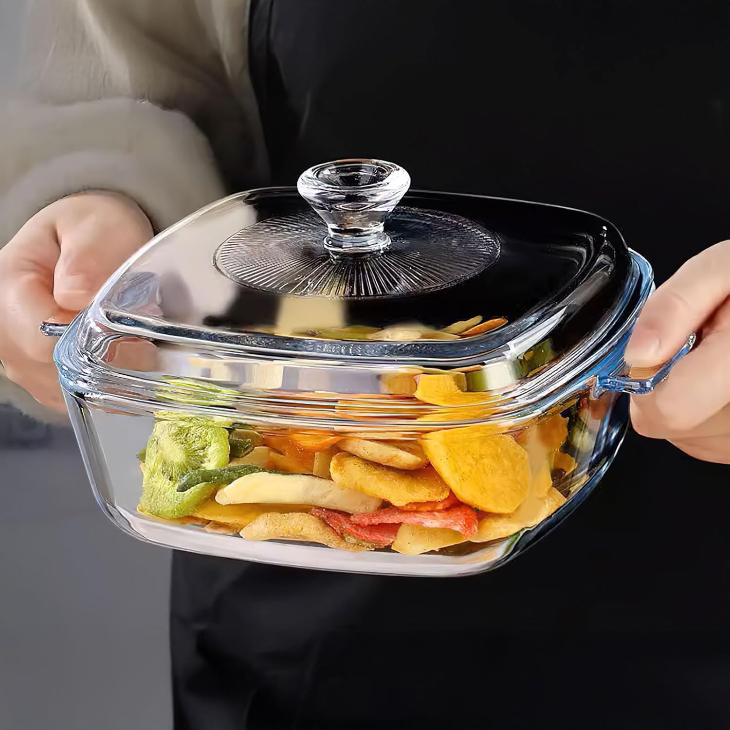 Confezione da 2 casseruole in vetro con coperchio, pirofila quadrata con manico in vetro borosilicato per forno, cucina, casa, feste, cucina, lavabile in lavastoviglie (0,8 L + 1,5 L)