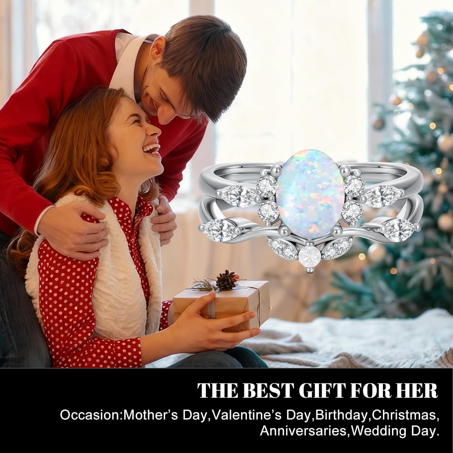 925 Sterling Silver Opal Wedding Ring Sets for Women Center 1.5 Carat Oval Shaped Genuine Opal and Moissanite Engagement Ring Sets - Size 5