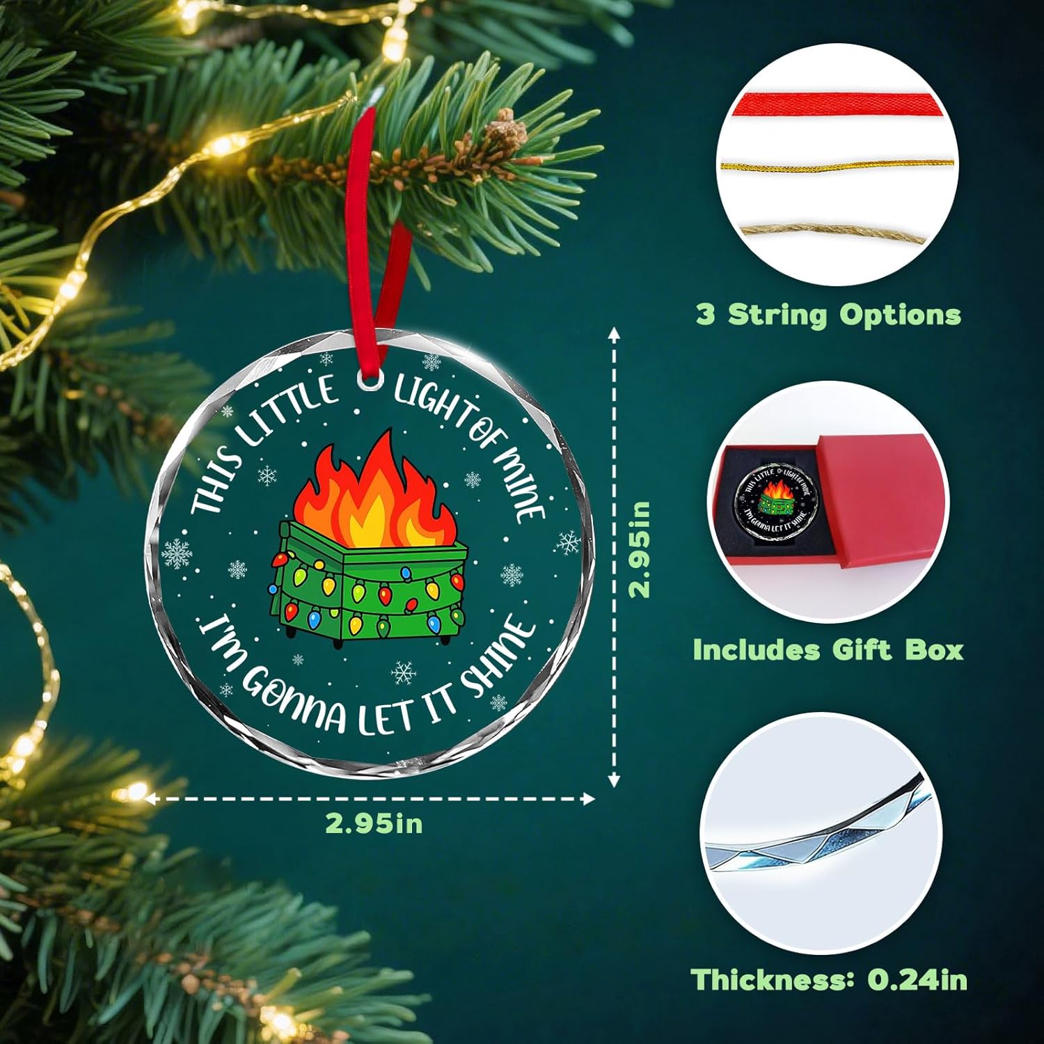 This Little Light of Mine Funny Dumpster Fire Glass Ornament – Double-Sided UV Printed Round Xmas Tree Decoration 2025, Hilarious for Friends, Coworkers, or White Elephant Exchange - Image 3