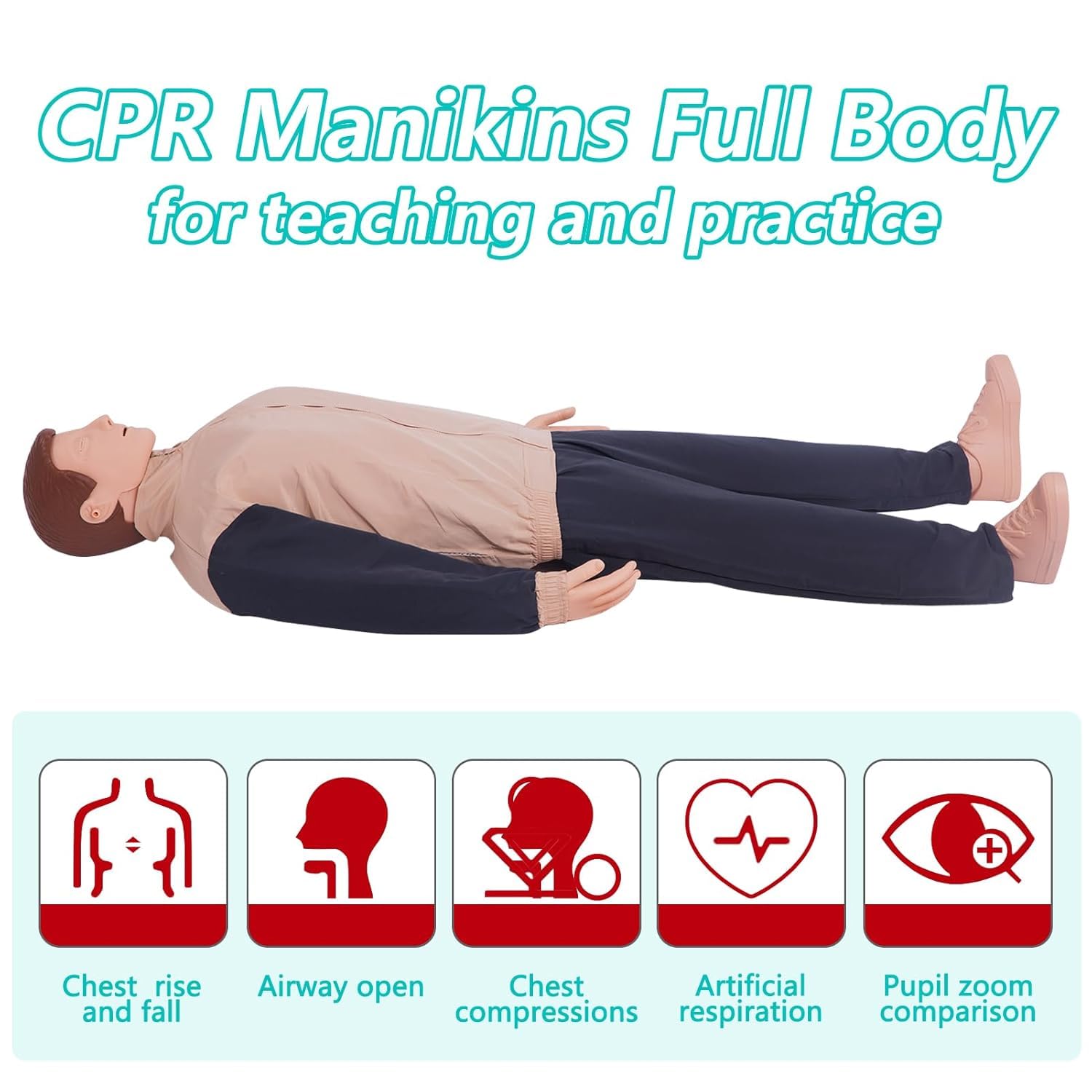Manichini per rianimazione cardiopolmonare, kit di allenamento per manichini professionali di primo soccorso, manichini per test di pronto soccorso, per adulti, pelle media, accessori med-ical, set di