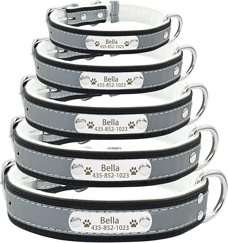 Miniatura 8 de Juego de collar y correa reflectante personalizado para perro, collar de perro de cuero personalizado con placa de nombre, collares de perro