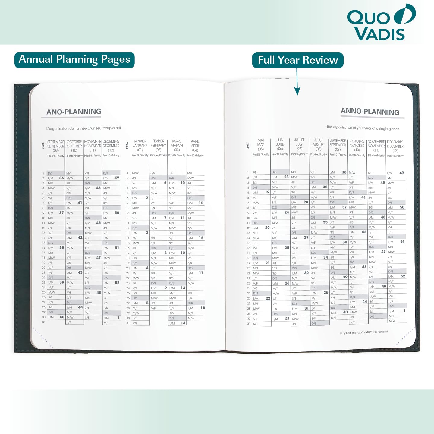 Nota – 16 meses – Recambio de planificador semanal/mensual – septiembre 2026 a diciembre 2027 – Bi-Lingual (EN/FR) – por Quo Vadis – 6 x 8 1/4 pulgadas – Un diseño moderno para diario y planificación