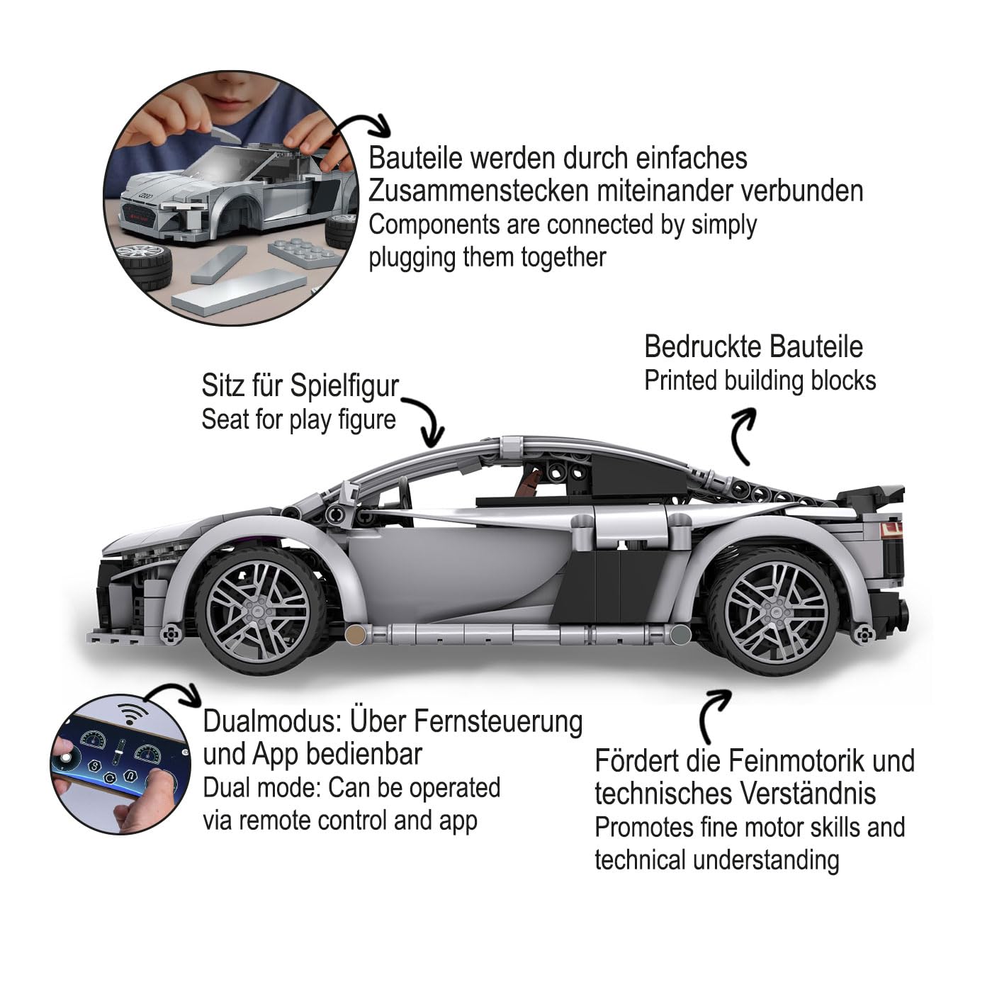 JAMARA 402898 CADA Audi R8 Coupé 1:14, 2,4GHz Bricks, Spielzeugauto Modellauto, Rennwagen Sportwagen für Kinder ab 6 Jahre, RC Ferngesteuert, Geschenkidee, Dualmodus, Detailgetreu