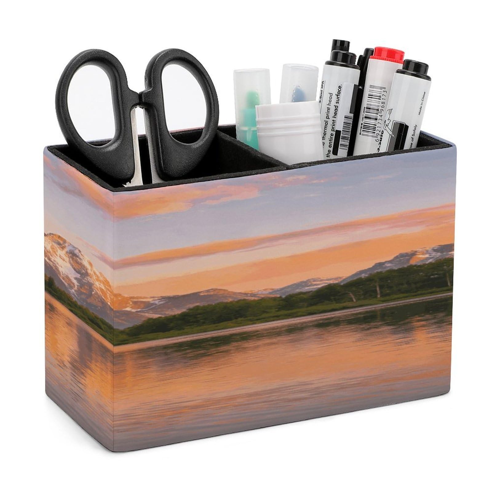 LZQPOEAS Landscape Pen Holder Double Compartments Pen Cup Makeup Brush Holders Leather Pencil Holder Locker Organizer for Work Locker Accessories Modern Pencil Cup for Desk