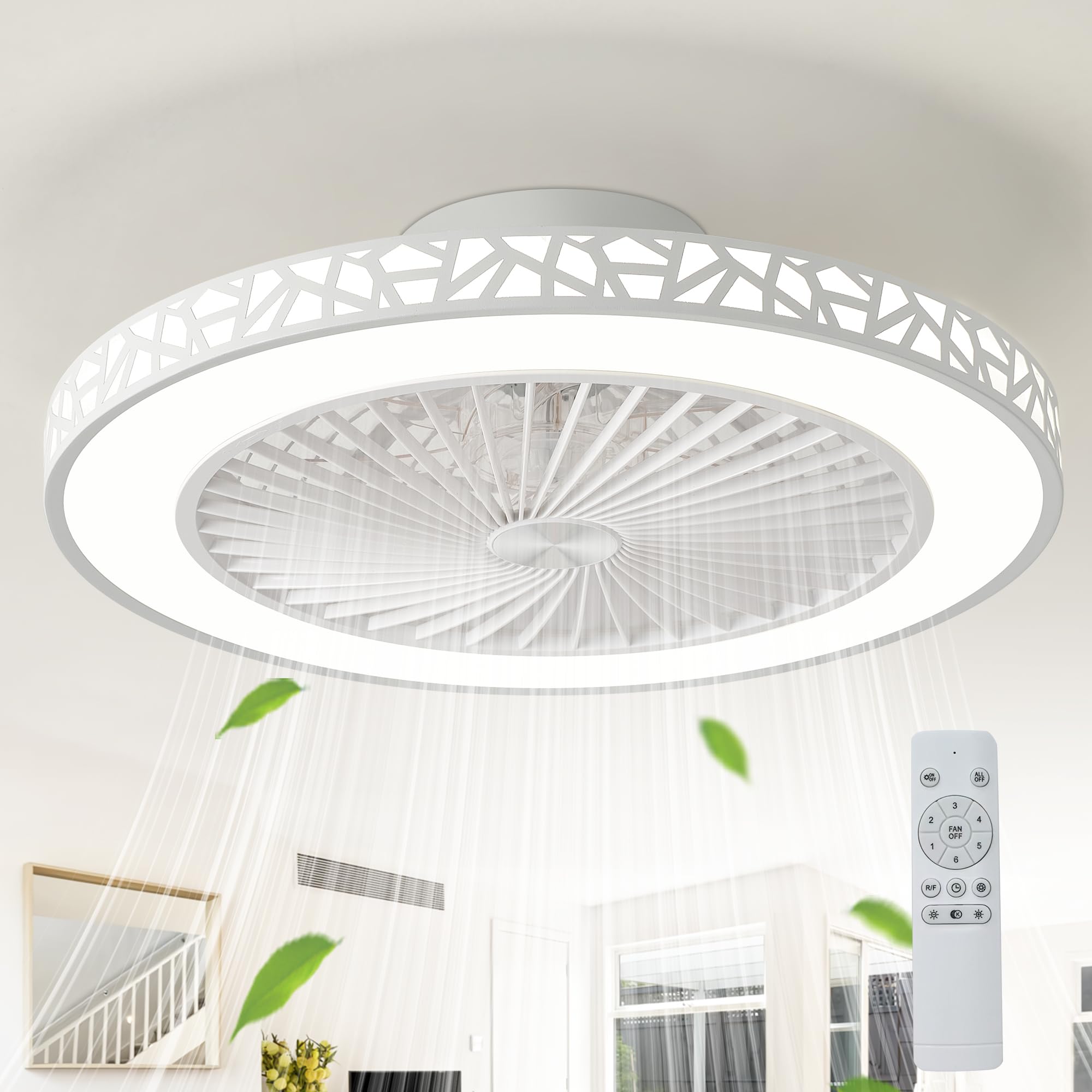 JUTIFAN Ceiling Fan with Lights Remote Control, 19" Modern Low Profile Ceiling Fan with 3 Color Changing, Enclosed Ceiling Fan Led Fan Lights with Timing for Bedroom, Living Room