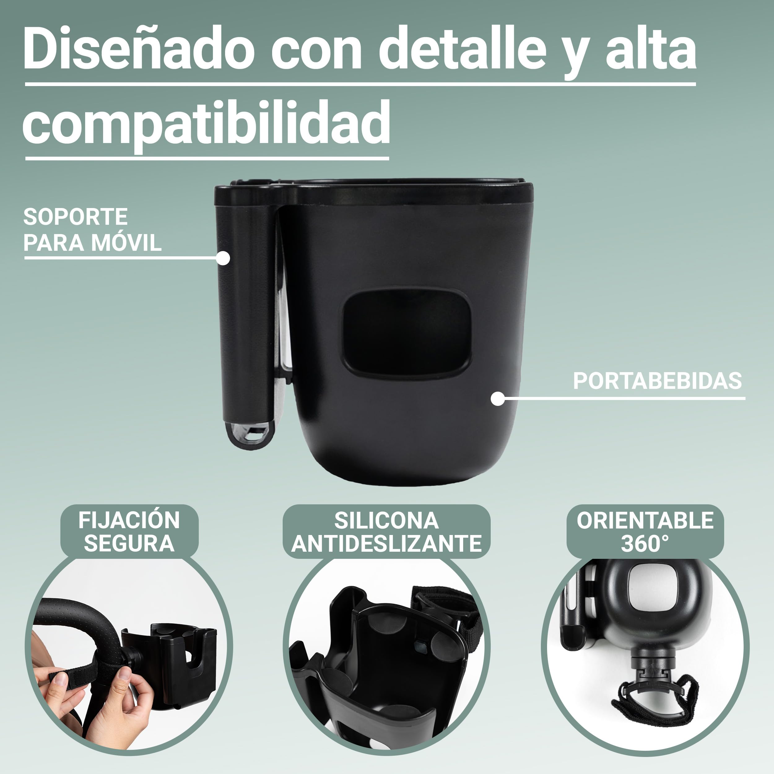 Zamboo Porta Botellas Carrito con Sujeción para Móvil | Soporte Bebidas Universal 2 en 1 para Vasos - Biberones y Smartphone | Giratorio 360° | Fácil de Montar - Negro