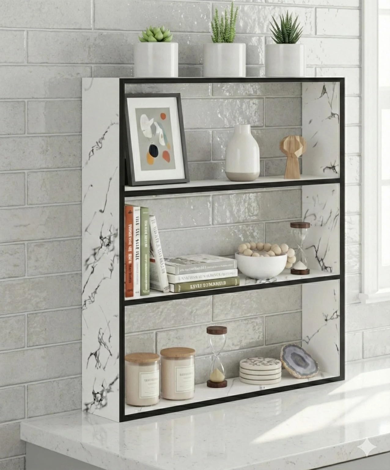 Beautiful Designing Spice Rack 3-Tier Kitchen Rack, White Marble Finish, Open Bookshelf with Black Metal Frame-image-16