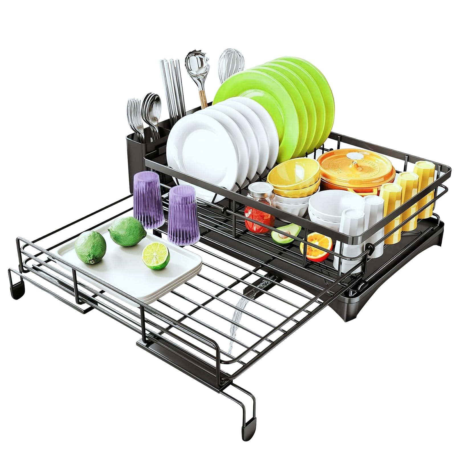 HYSHLC Expandable Dish Drying Rack, Dish Drainer with Cutlery Holder Drain Tray, Space-Saving Large Capacity Plate Rack for Kitchen Counter