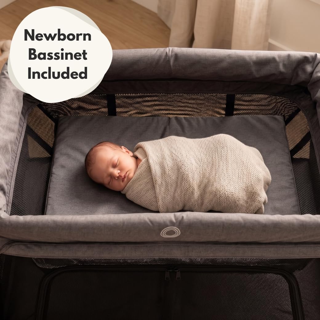 Venture Airpod Lit de voyage léger et pliable avec insert nouveau-né, matelas, sac de rangement et fonction parc - Côtés en maille respirante - Convient aux enfants de 0 à 3 ans - Gris foncé