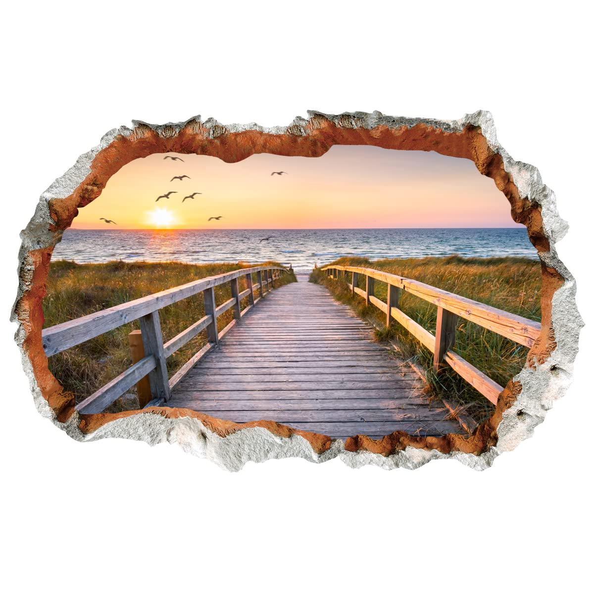 WandSticker4U®- 3D Wandtattoo MEERBLICK I Wandbild: 90x60 cm I Wandsticker Strand Meer Nordsee Steg Sonnenuntergang Poster I Wand Deko für Wohn- & Schlaf-zimmer Küche Flur Bad Aufkleber
