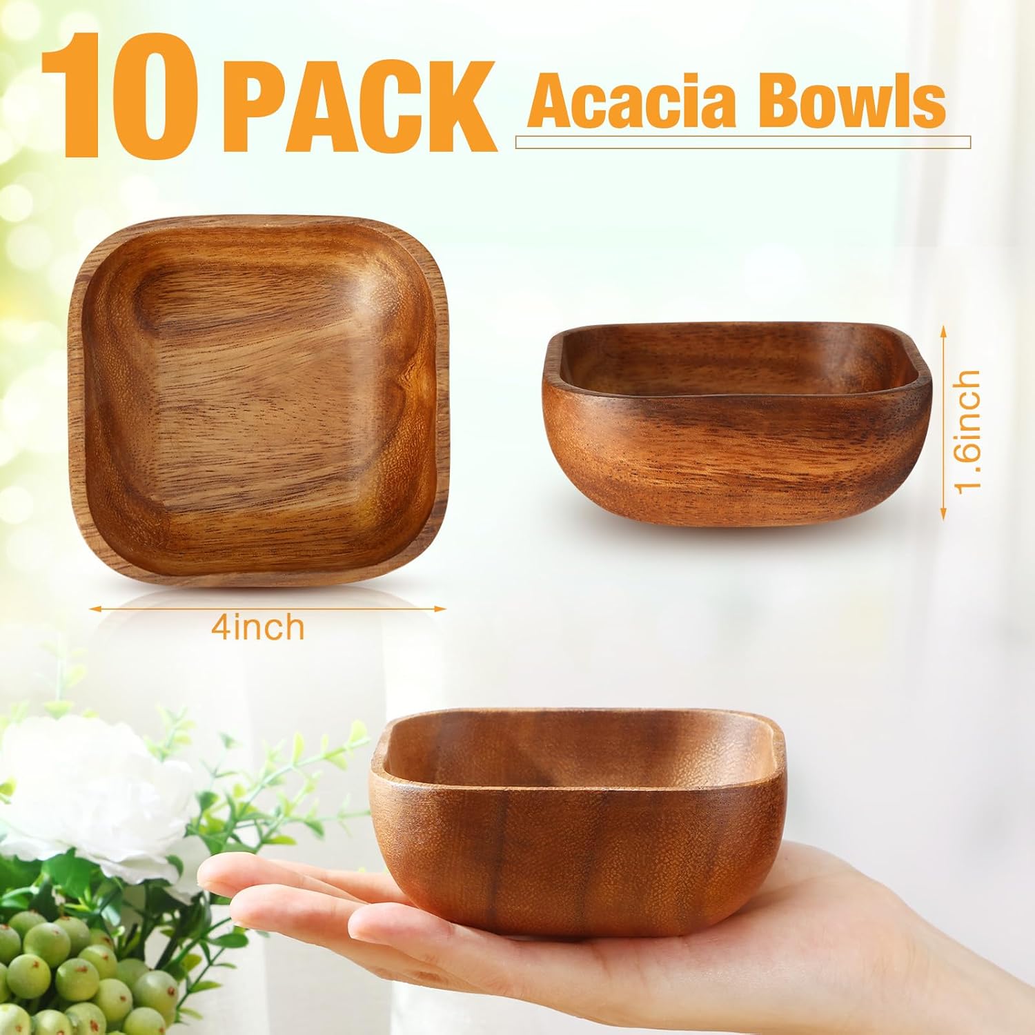 10 Pcs Natural Acacia Wooden Bowl Small Square Wood Serving Bowl 4 x 4 x 1.6 Inch Handmade Calabash Dessert Bowls Mini Wooden Bowl for Kitchen Appetizers Candy Fruits Dips Sauce Seeds Snacks