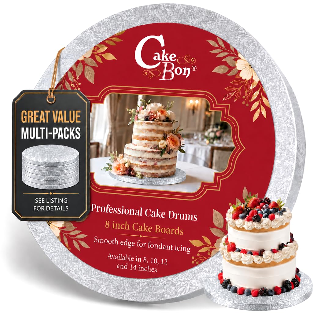 Cakebon Cake Boards 8" Silver Round Cake Drums 1/2" Thick Smooth Edge 3Pack