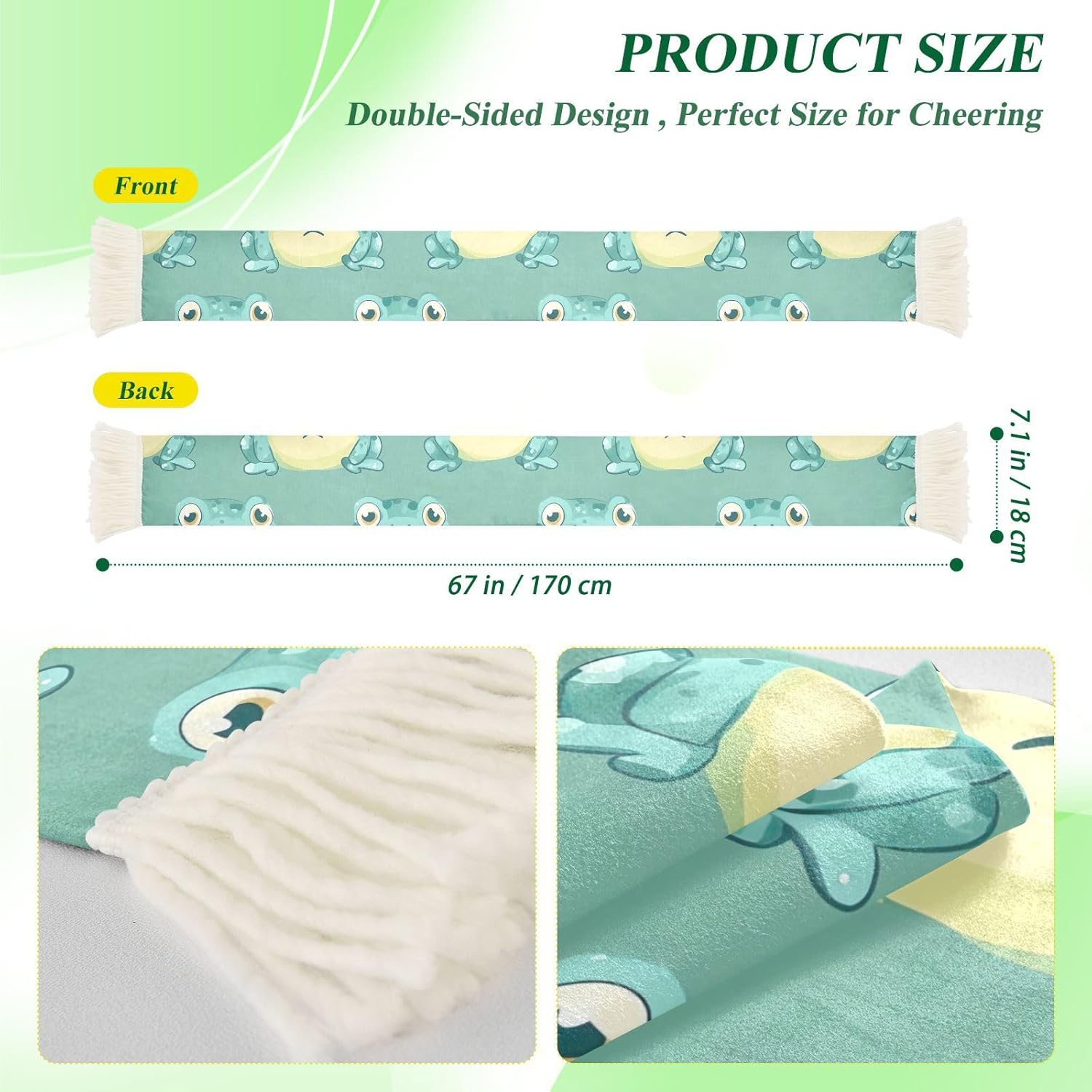CHIFIGNO Cute Frog Green Sports Fan Scarf, Soft Polyester Soccer Scarf for Match Days, Quick Dry Absorbent White