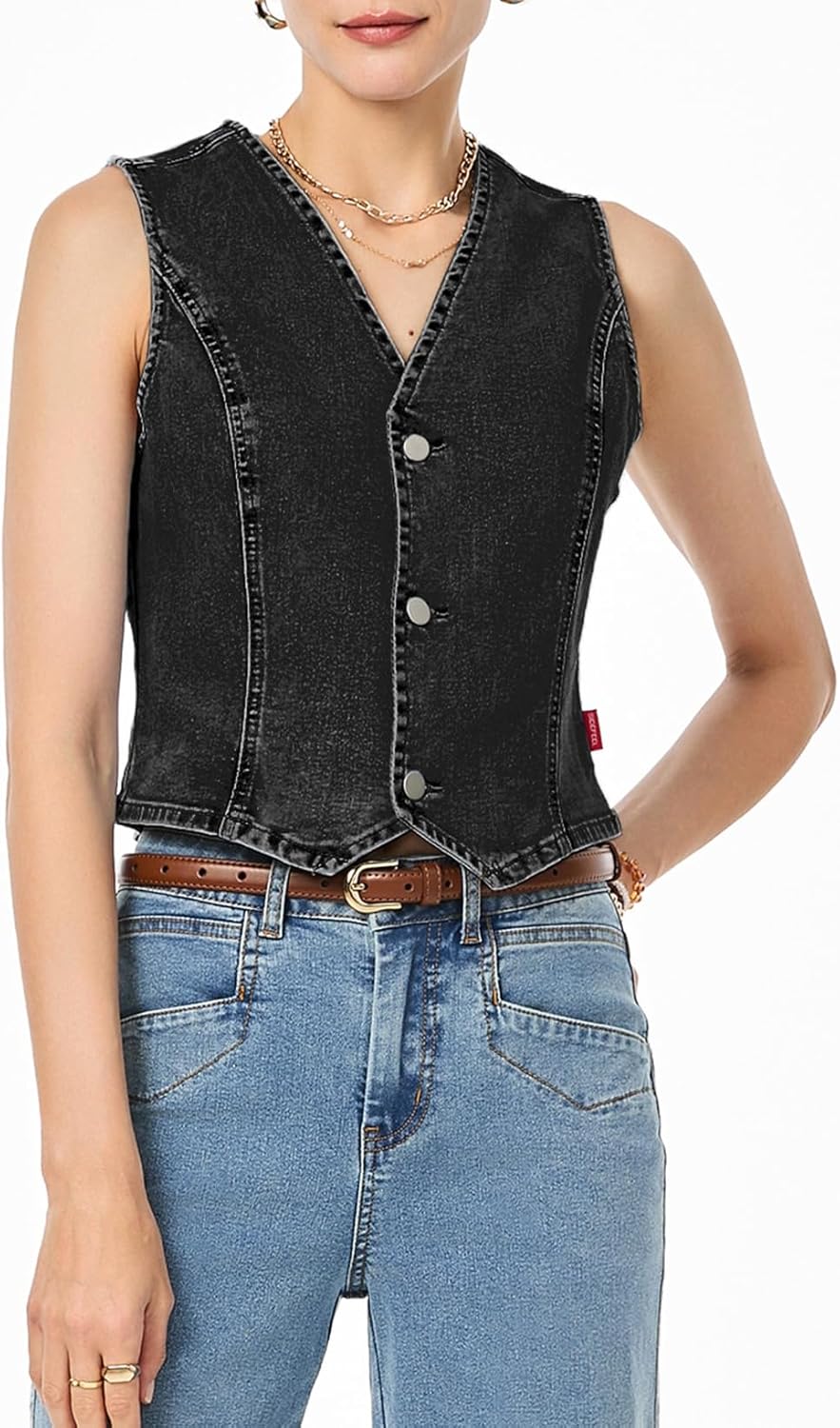 Sidefeel Women's Denim Vest Sleeveless V Neck Zimbaplatinum Jean Vest Top Button Down Crop Waistcoat Vest Summer Outfit - Image 4