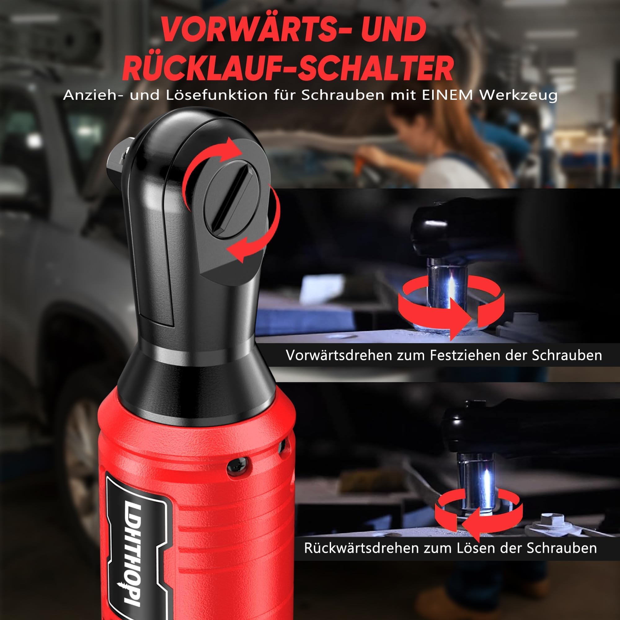 LDHTHOPI 3/8" Akku Ratsche 18V für Makita,MAX 100 Nm(75FT-LBS) Elektrische Ratsche mit LED-Licht,Rechts-/Linkslauf Ratschenschlüssel mit 1/2"-Adapter,7 Einsätzen(ohne Akku)
