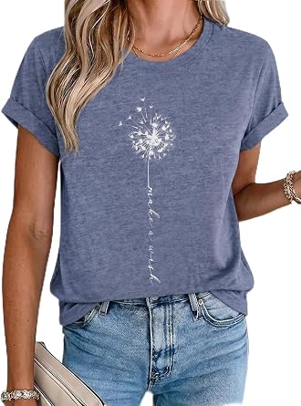 MaQiYa Womens Cute Make A Wish Dandelion Printed Tshirts Graphic Tees Tops