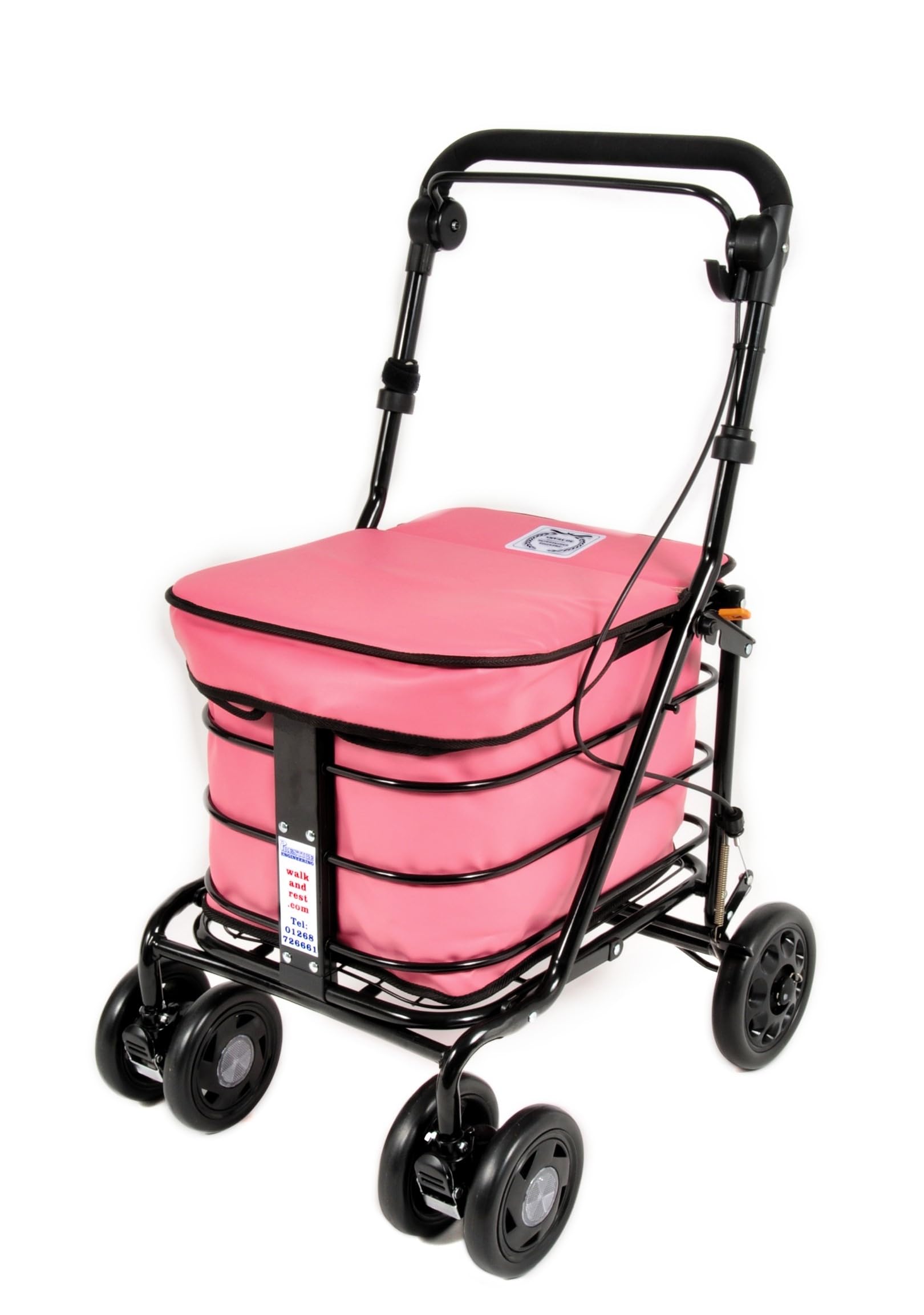 Walk and Rest The Prestige Ultimate Shopper Seated Mobility Trolley/Stroller/Rollator (FULLY ASSEMBLED READY TO USE!) Folding trolley with handbrake 6 wheels and seat (Pink)