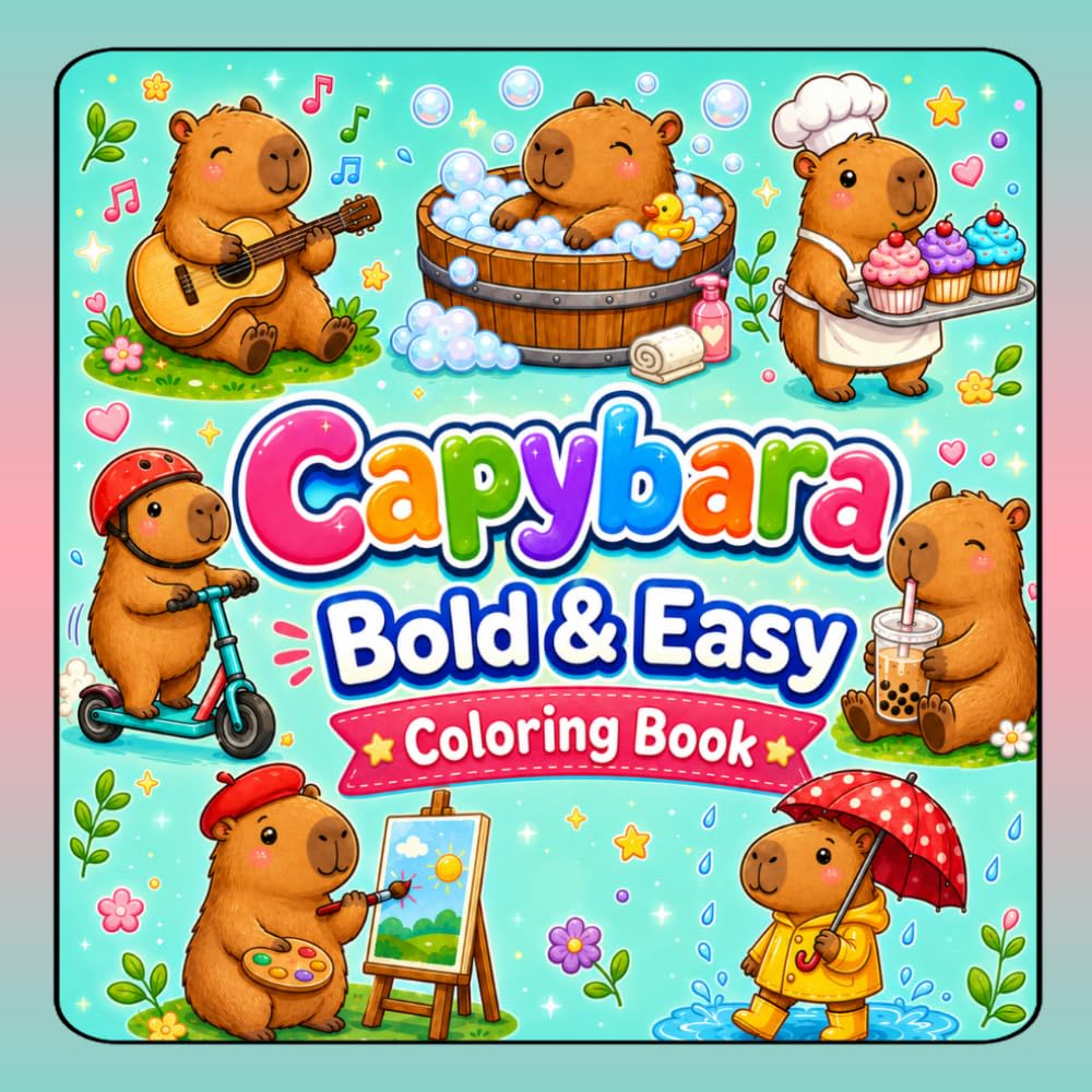 Capybara Bold & Easy Coloring Book: Cute Simple Capybara Coloring Pages for Kids Ages 3–8, Toddlers, Preschoolers & Beginnerss