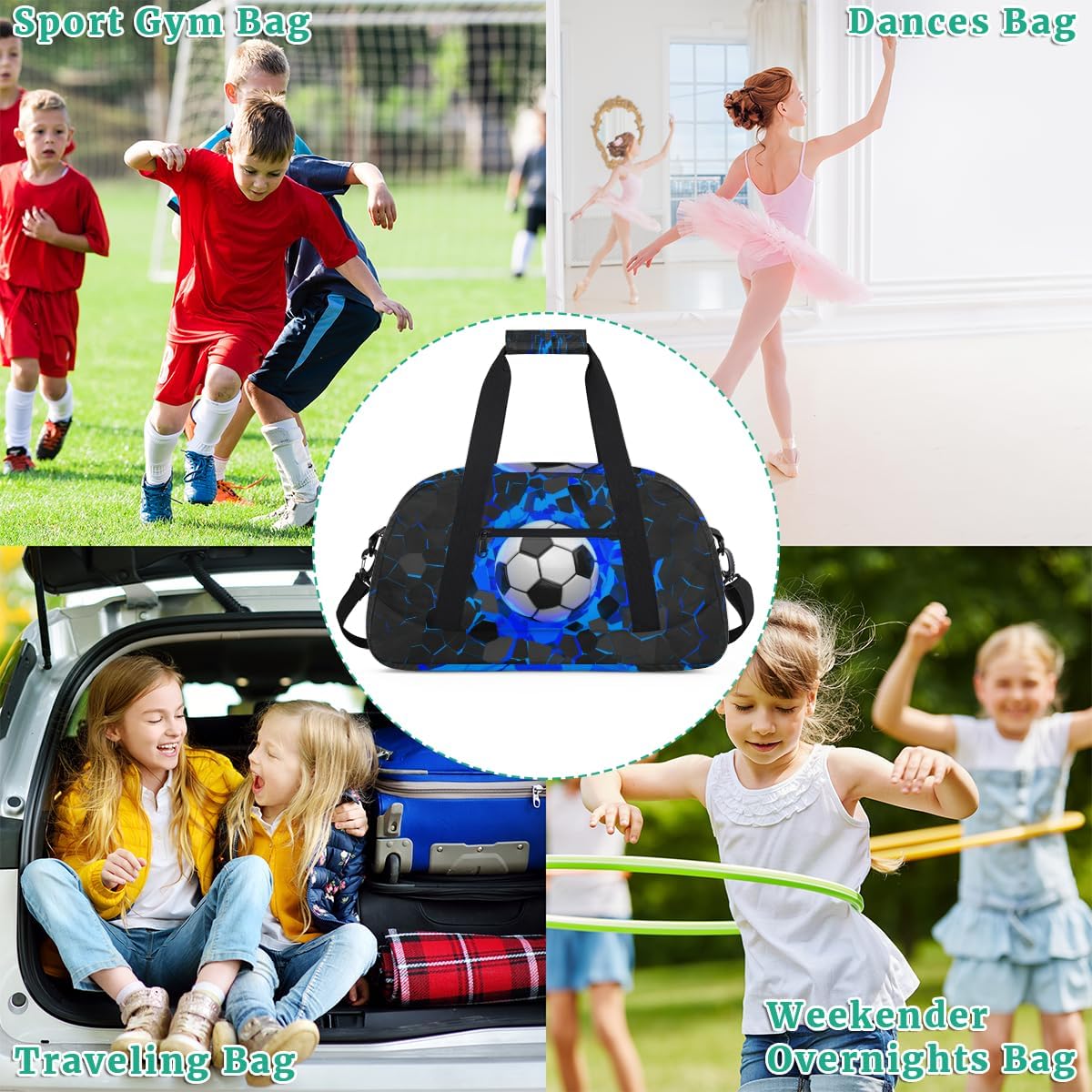 Sports Bag for Kids Boys, Soccer Ball Blue Black Sports Gym Duffel Fitness Bags Travel Weekender Tote Carry-On Training Perform Bag