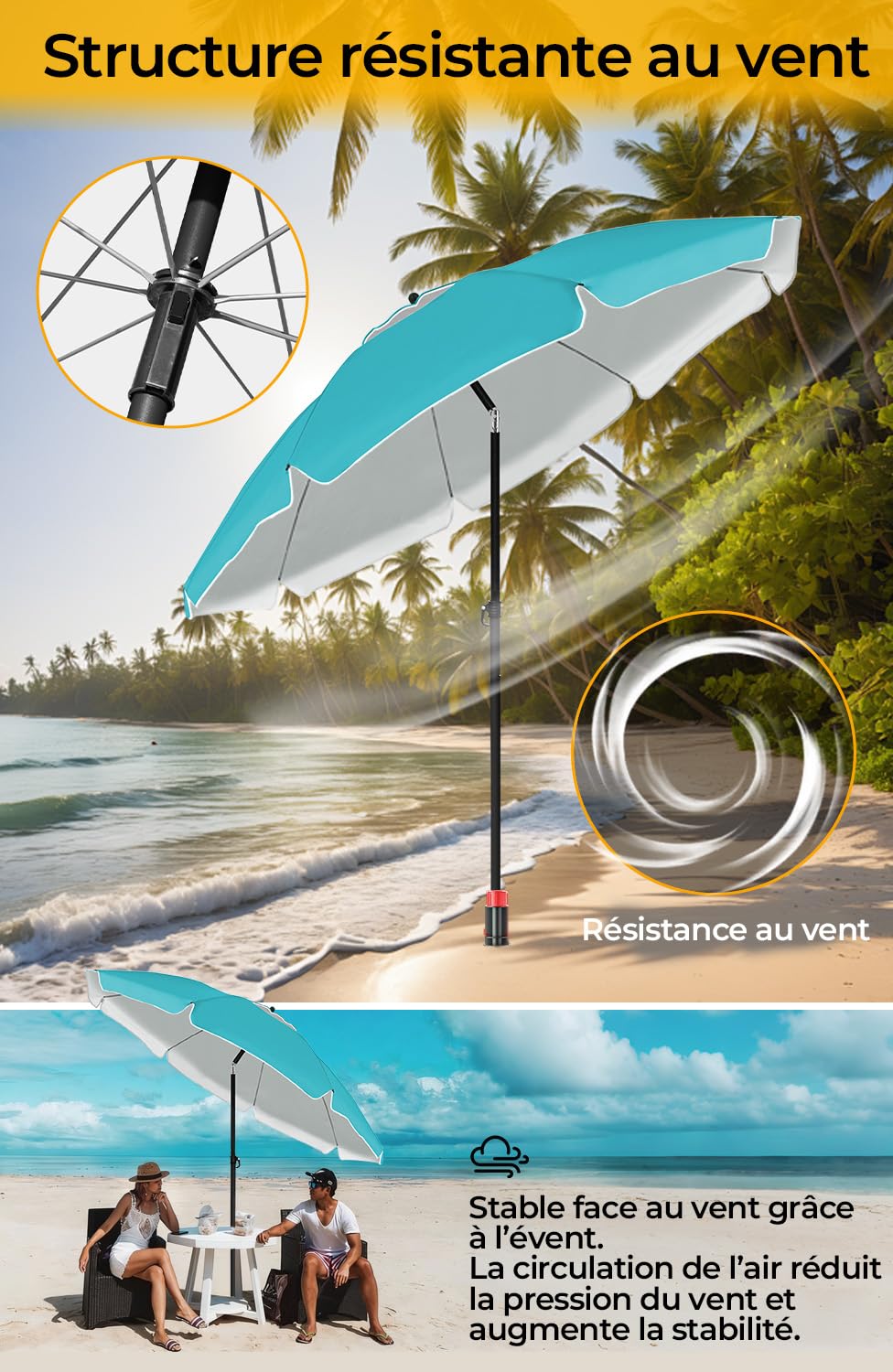 HOMEDEMO Parasol Plage Inclinable avec Revêtement Argenté, UV50+, avec Pieds de Parasol de Plage à hélice à Visser & Housse de Protection, pour Terrasse, Piscine, Marché, 200cm, Turquoise
