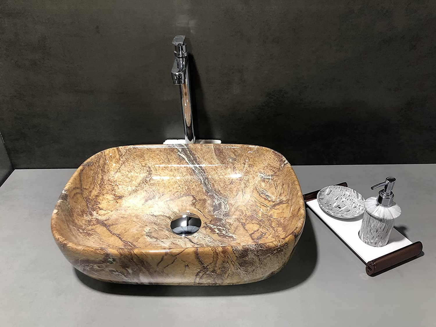 HISRE Table Top Wash Basin For Bathroom | Over Counter Top Wash Basin For Living Room | Washbasin Countertop | Tabletop Ceramic Bathroom Kitchen Sink (45 x 33 x 13 CM) (White - Brown Design), photo 3 of 3
