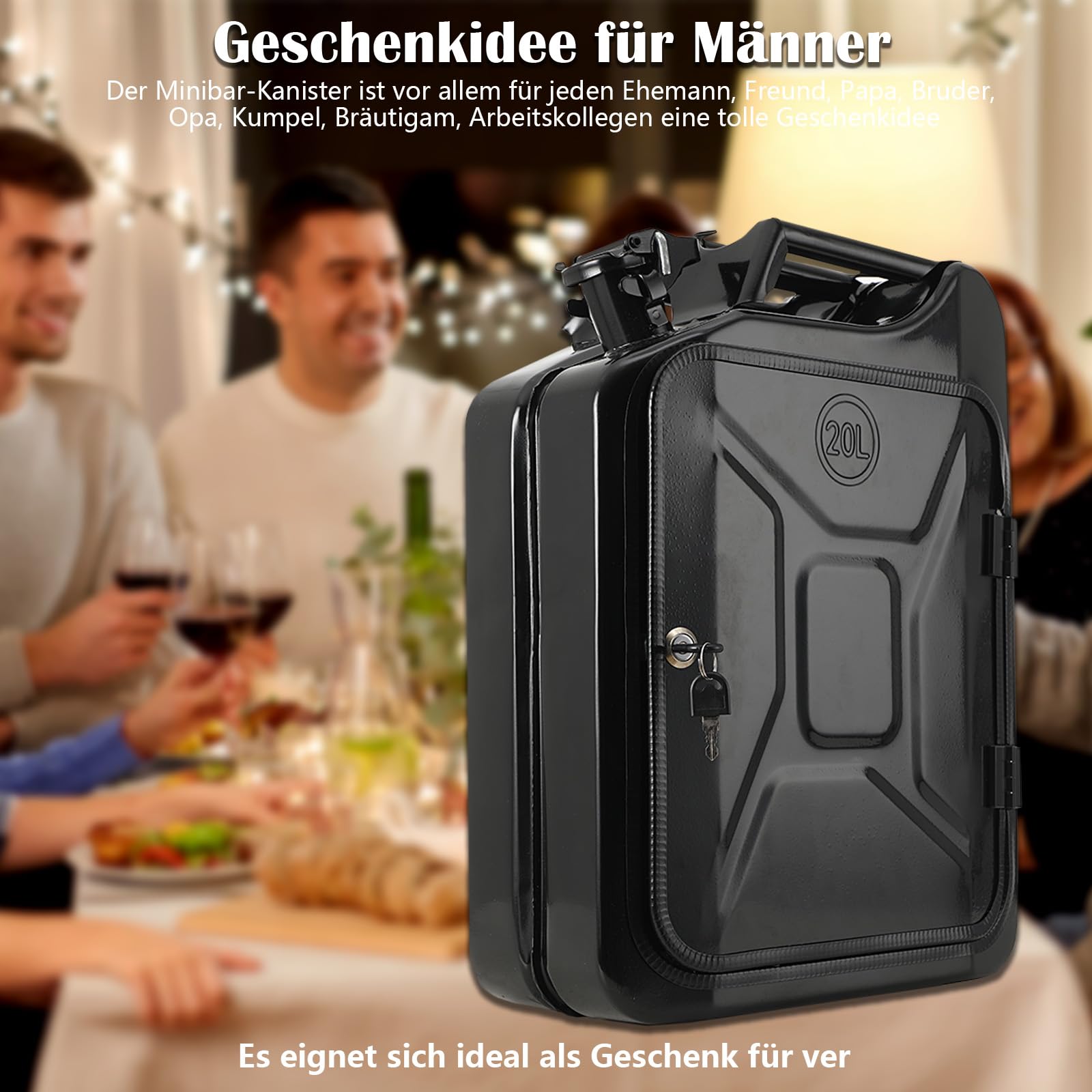 20L Kanister Mini Bar, Schwarzer Whiskey Bar Schrank Jerry Can Mobile Bar, Geburtstagsgeschenk für Männer personalisierte Geschenke für Männer, Abschließbarer Minibar, 34x16x46 cm