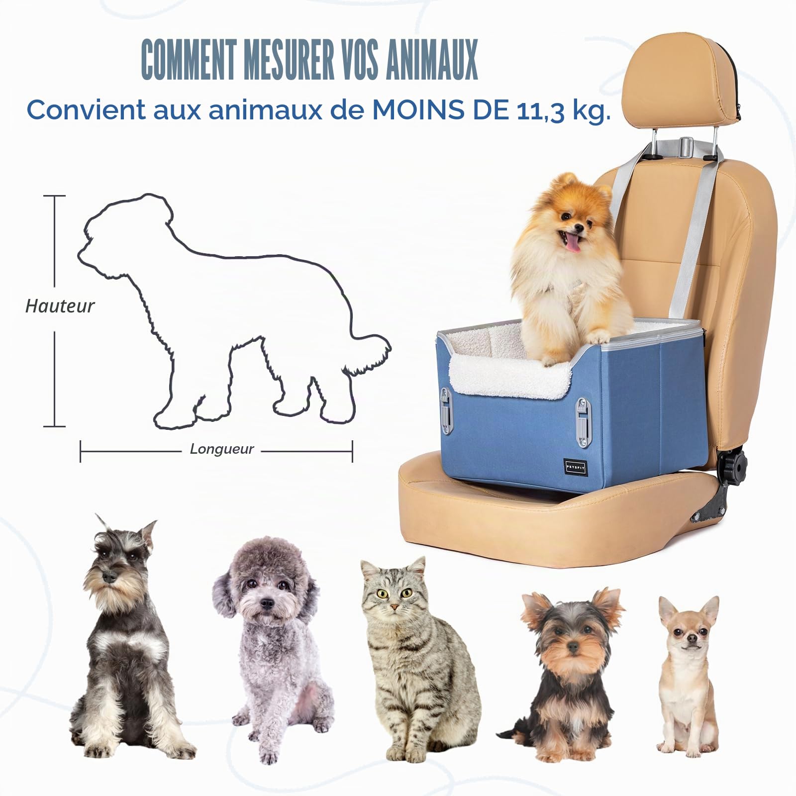 PETSFIT Siège rehausseur de voiture pour chien de taille moyenne avec 2 laisses de sécurité à clipser, boucles brevetées, siège rehausseur pour animaux de compagnie (bleu neuf, taille S)