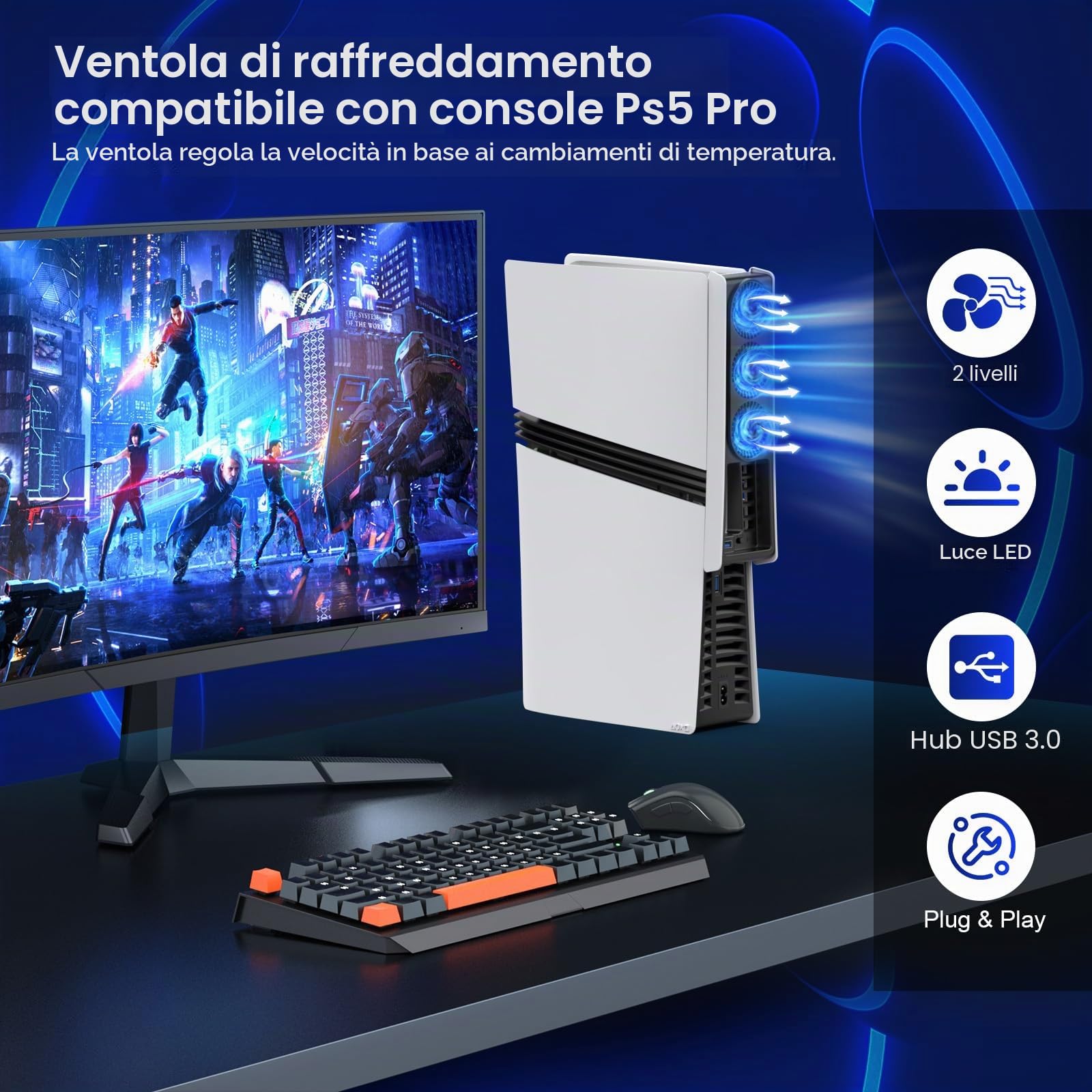 Ventola di raffreddamento per PS5 Pro, accessorio per ventola di raffreddamento silenziosa per PS5 Pro versione digitale e CD con luce LED, velocità regolabile e accensione/spegnimento automatico