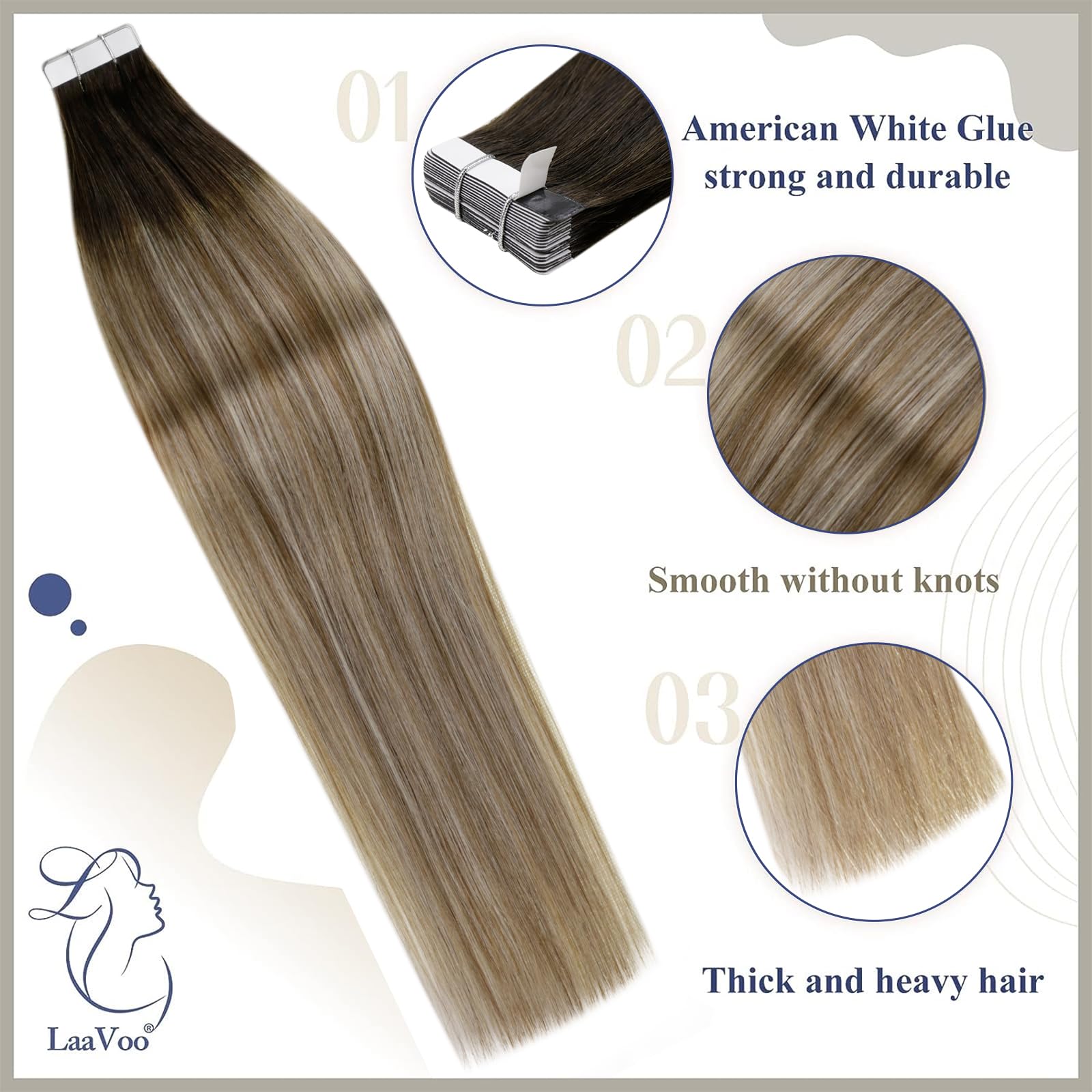 LaaVoo Tape in Hair Extensions Human Hair Blonde Tape Hair Extensions Real Human Hair Invisible Tapes Remy Straight Balayage Brown to Blonde Hair Double Sided Tabs 20pcs 50g 18 Inch #3/8/24 - Image 2