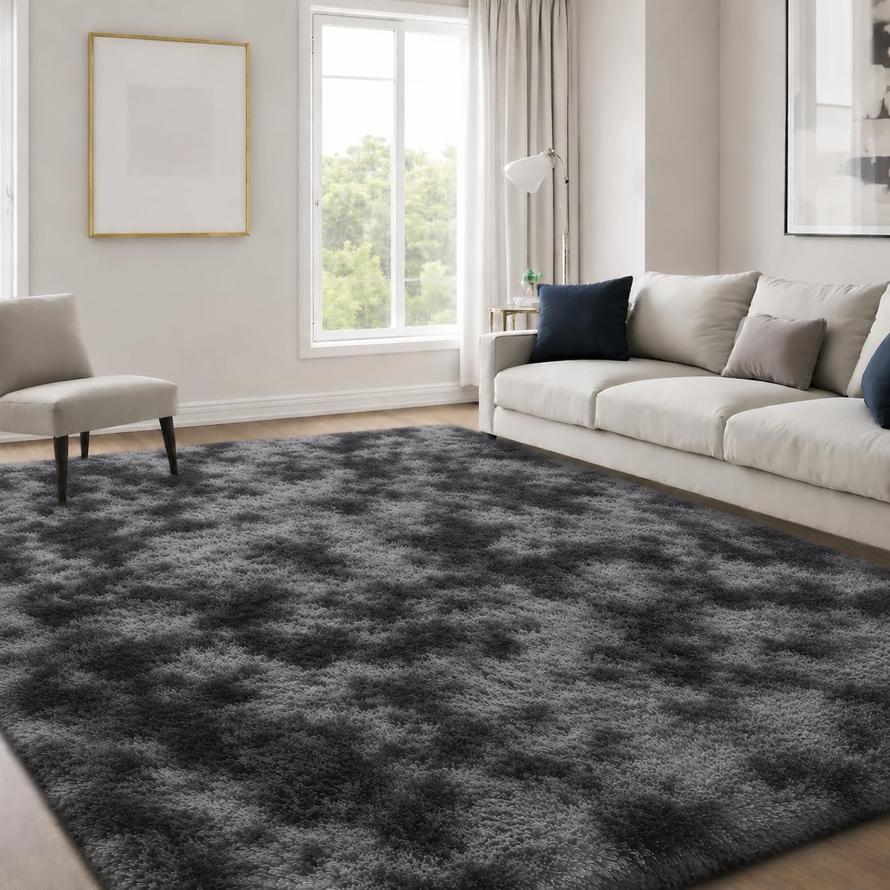 JOYARR Rugs Living Room, 160x230 cm Large Area Carpet Fluffy Washable Soft Shaggy Anti Slip Modern Decor Tie Dye Mat for Bedroom Lounge Kids Nursery Room, Dark Grey — image 1